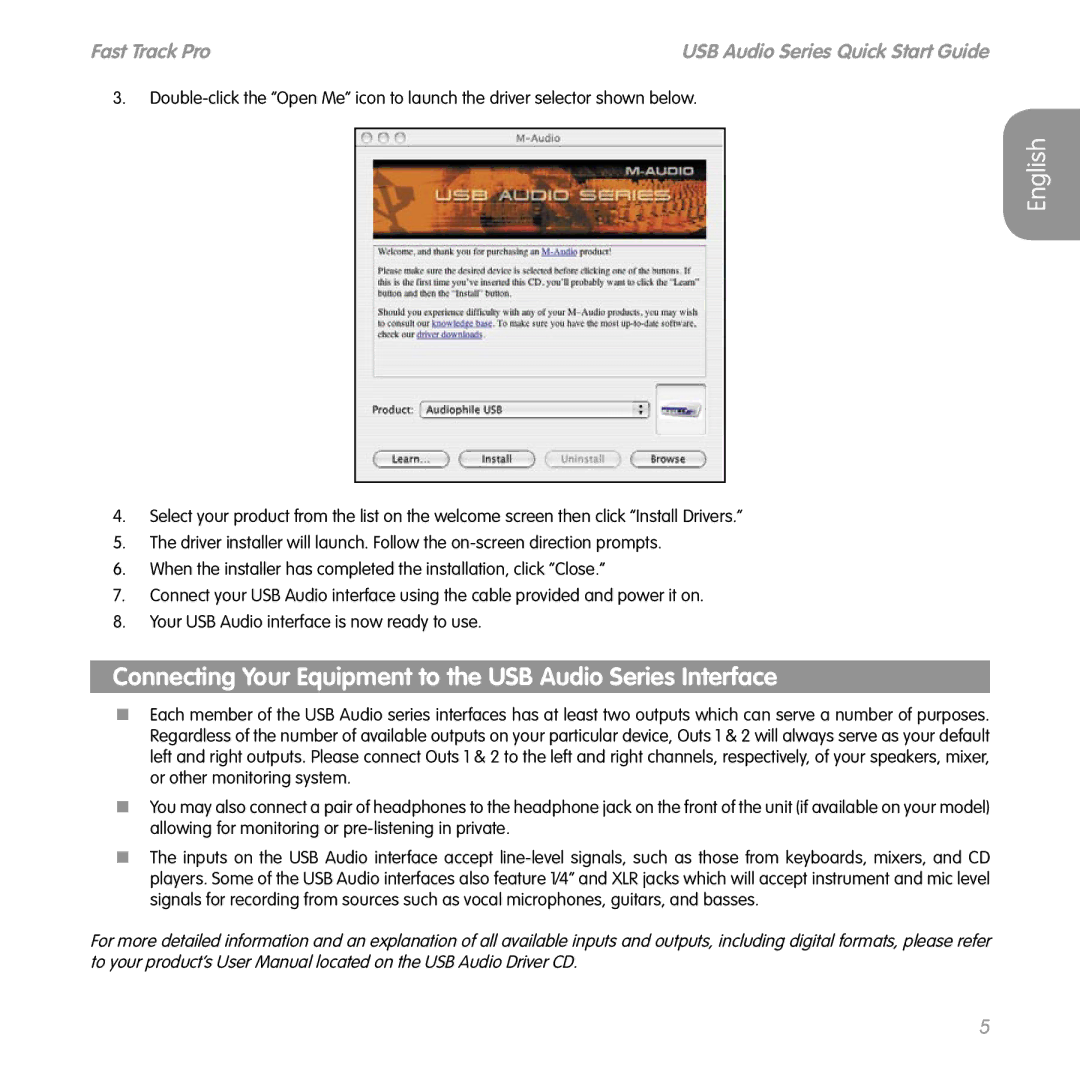 M-Audio Computer Drive quick start Connecting Your Equipment to the USB Audio Series Interface 