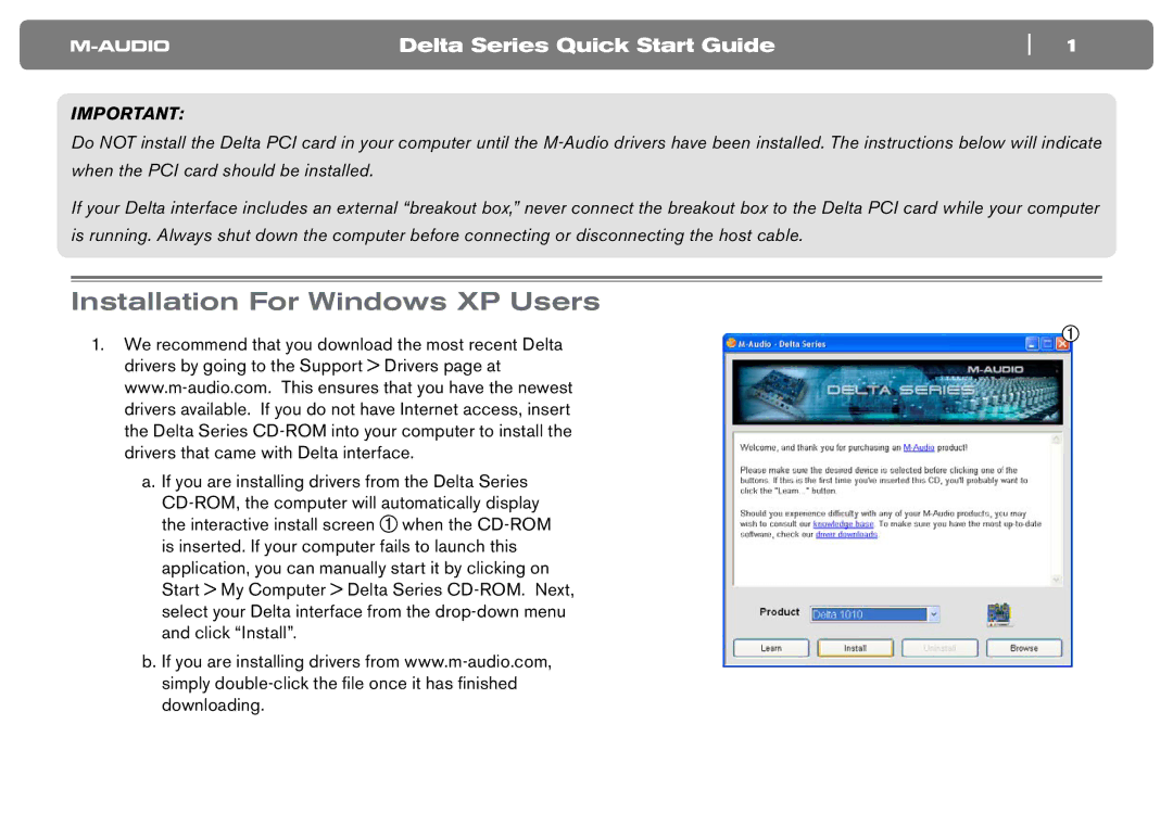 M-Audio Computer Hardware quick start Installation For Windows XP Users, Delta Series Quick Start Guide 