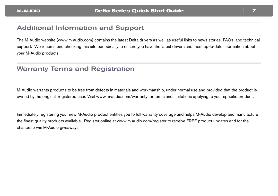 M-Audio Computer Hardware quick start Warranty Terms Warranty Registration 