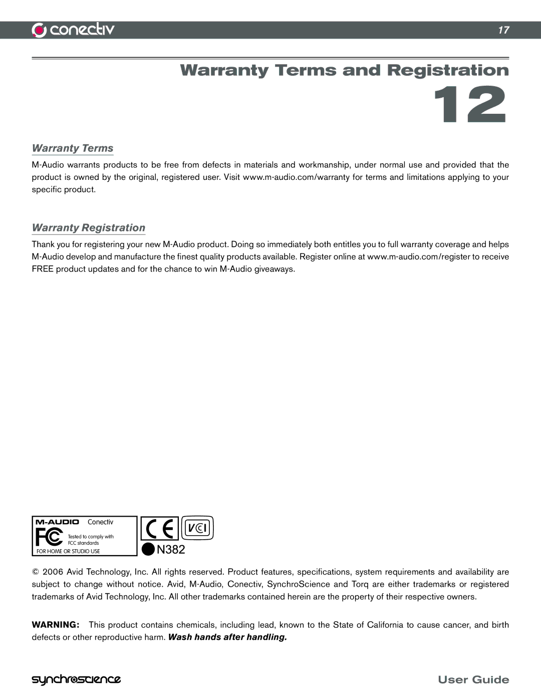 M-Audio Conectiv manual Warranty Terms and Registration, Warranty Terms Warranty Registration 