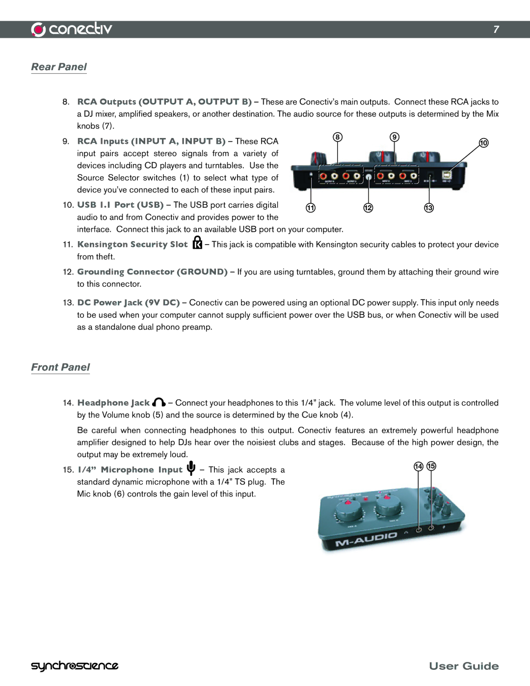 M-Audio Conectiv manual Rear Panel, Front Panel, RCA Inputs Input A, Input B These RCA, Microphone Input 