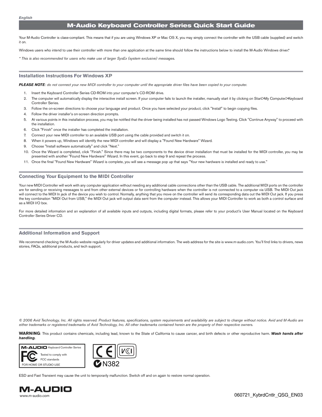 M-Audio quick start Audio Keyboard Controller Series Quick Start Guide, Installation Instructions For Windows XP 