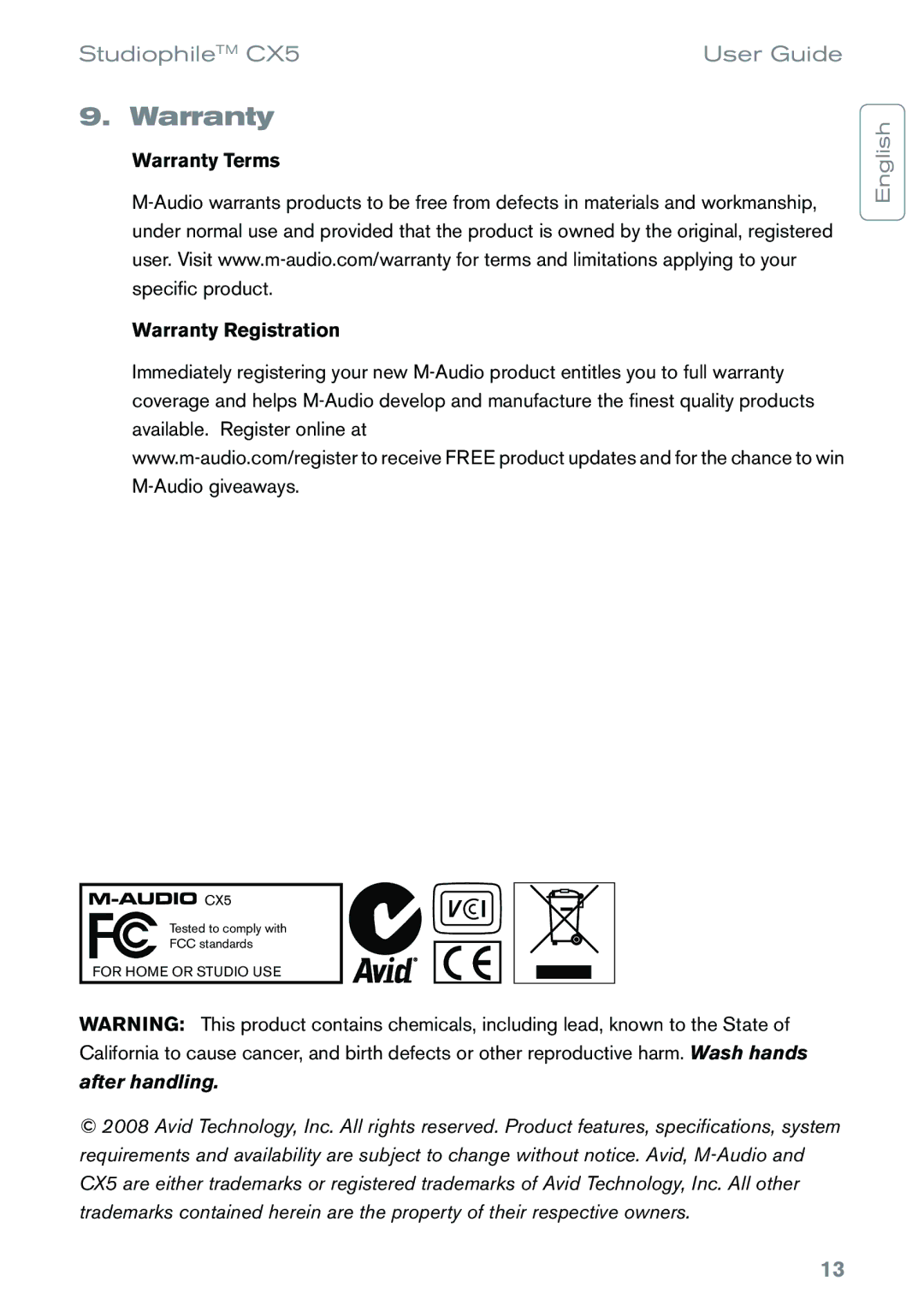 M-Audio CX5 manual Warranty Terms Warranty Registration 