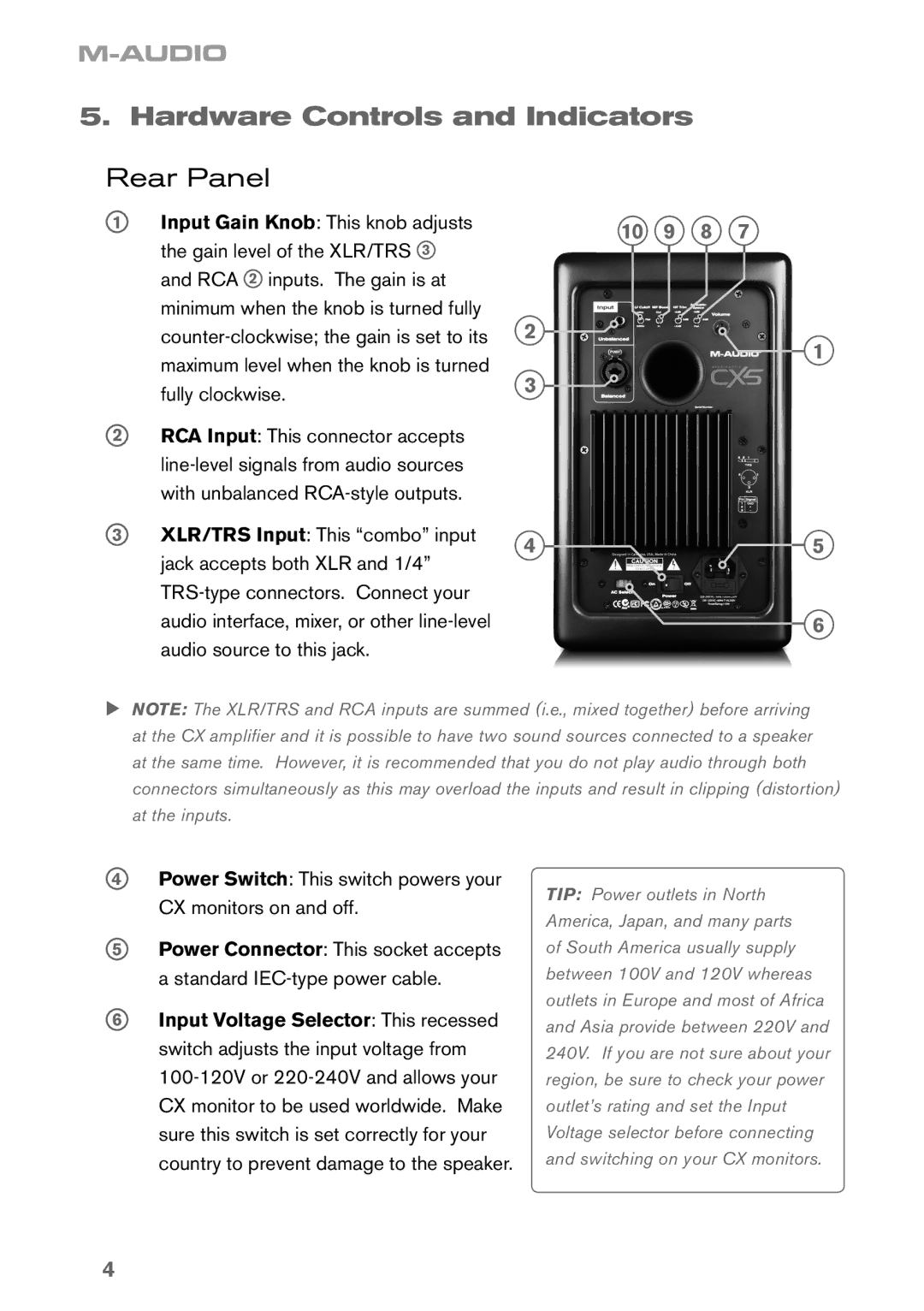 M-Audio CX5 manual Hardware Controls and Indicators, Rear Panel 