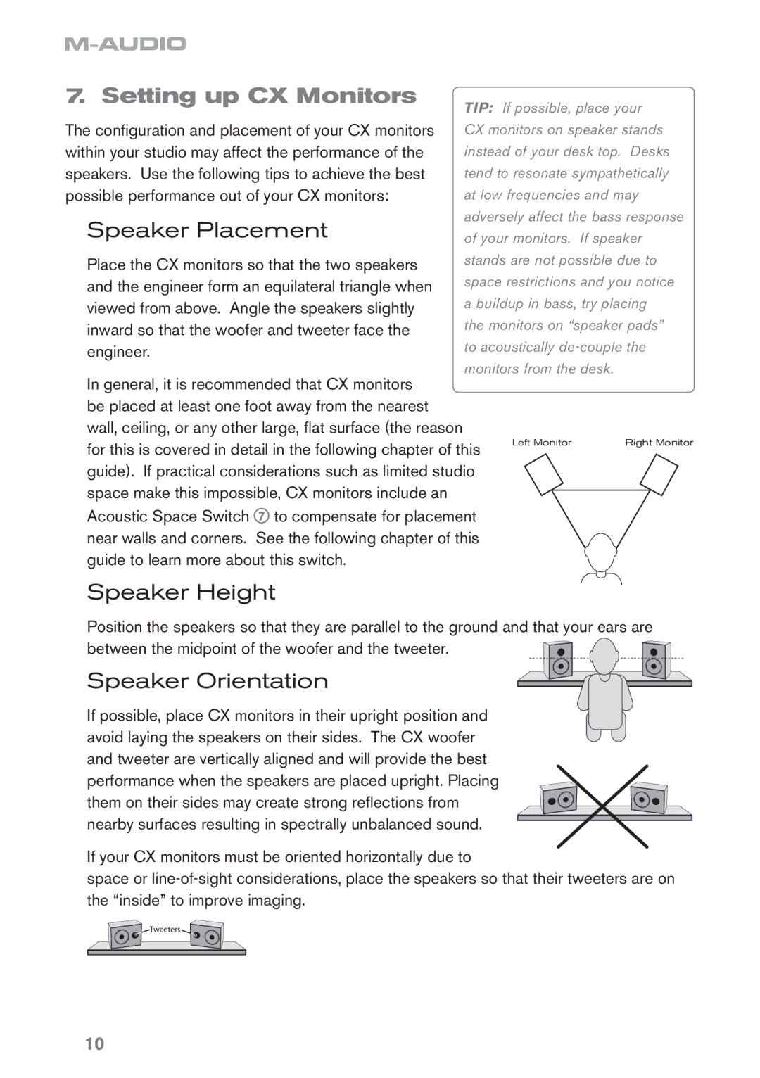 M-Audio CX8 manual Speaker Height, Speaker Orientation 
