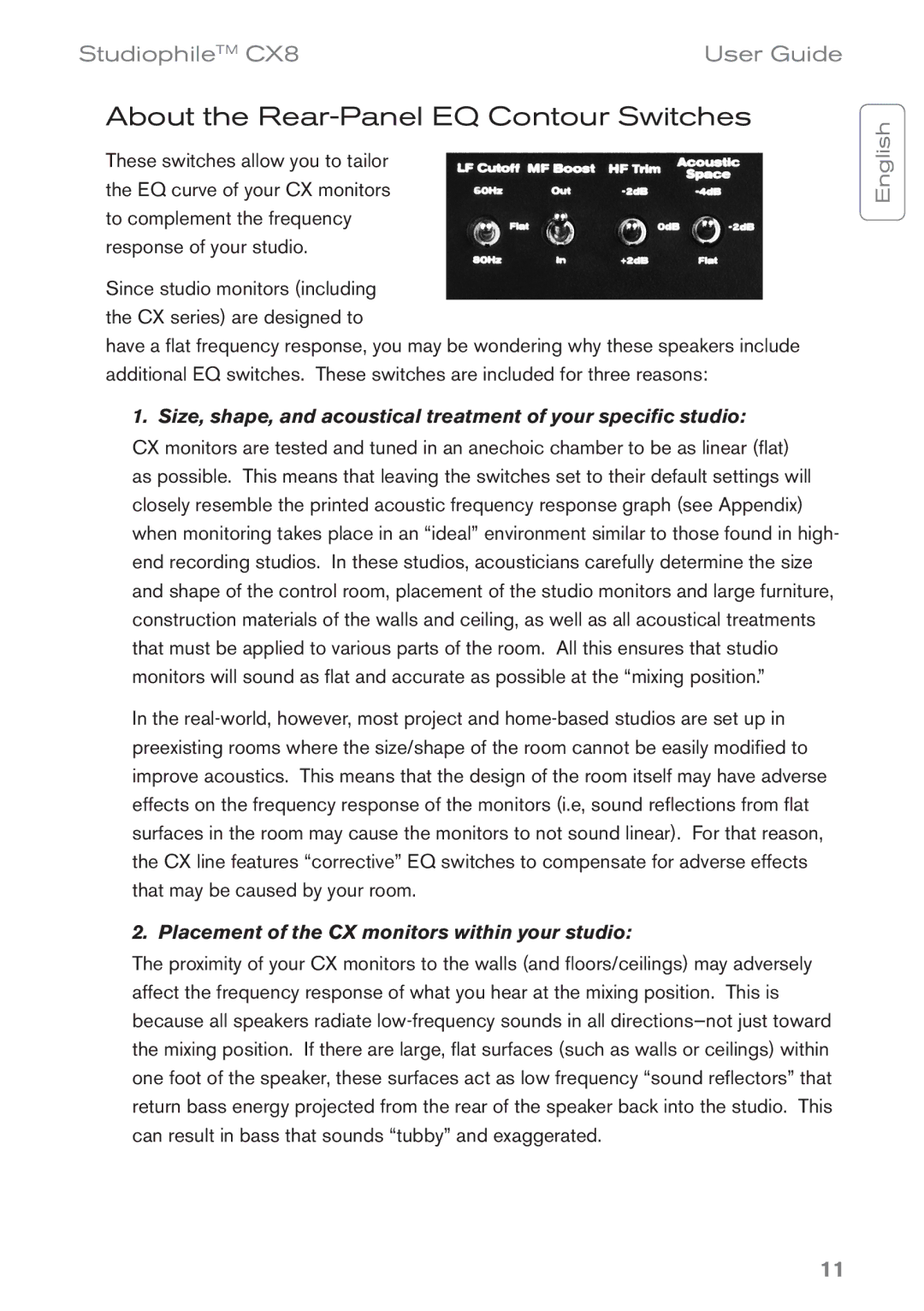 M-Audio CX8 manual About the Rear-Panel EQ Contour Switches, Placement of the CX monitors within your studio 