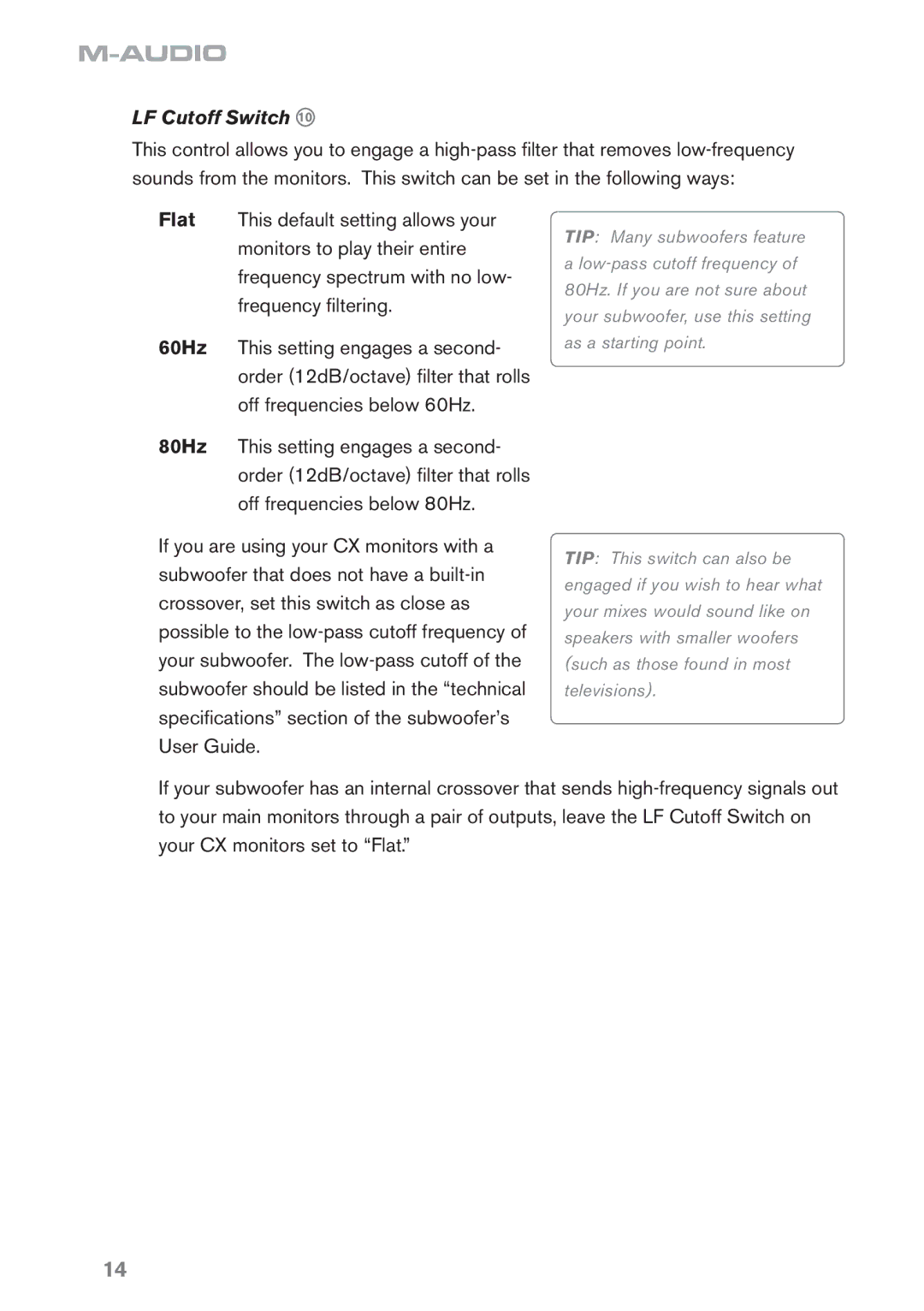 M-Audio CX8 manual LF Cutoff Switch 