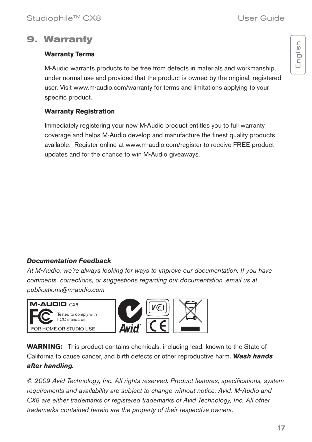 M-Audio CX8 manual Warranty, Documentation Feedback 