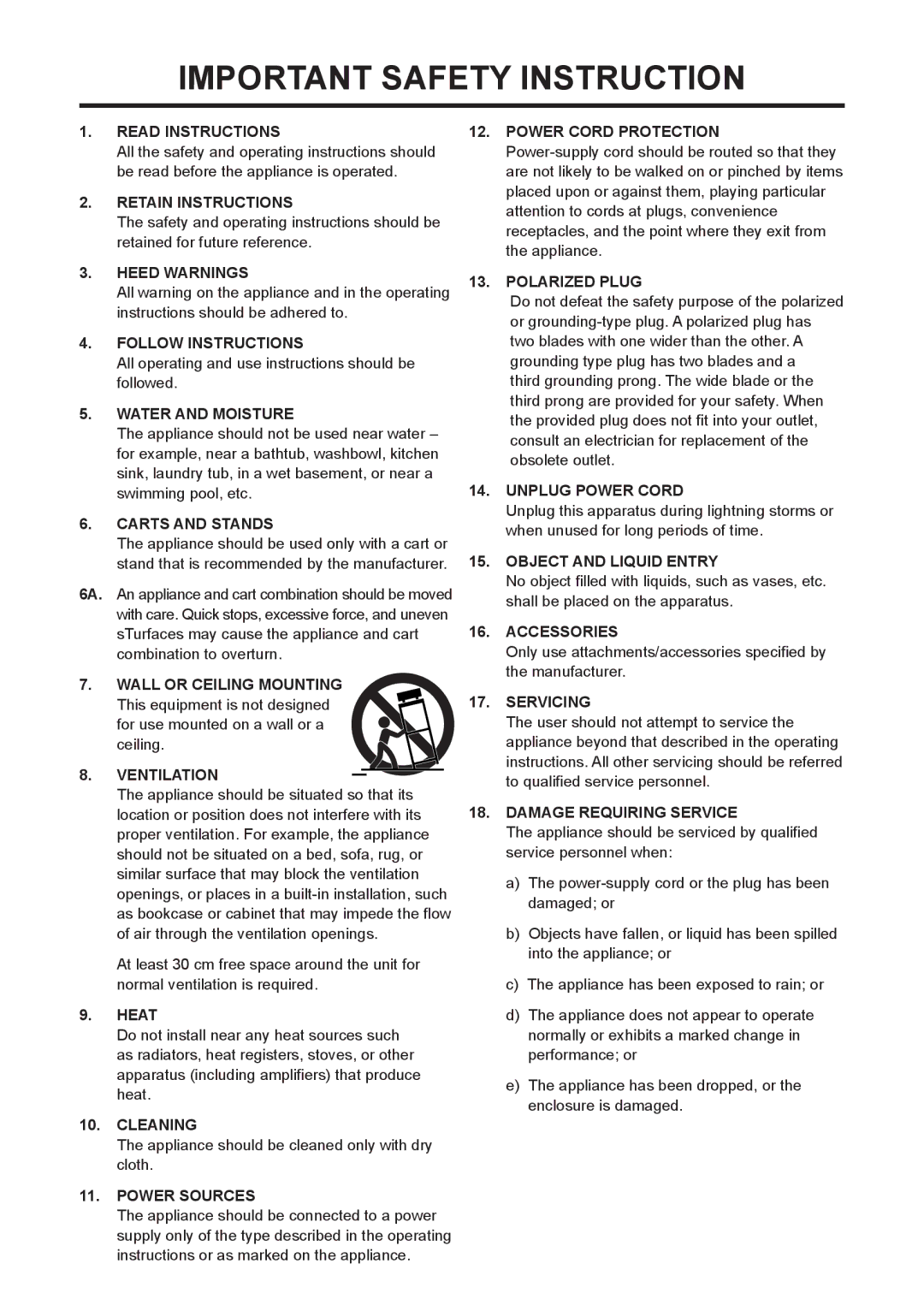 M-Audio CX8 manual Important Safety Instruction 