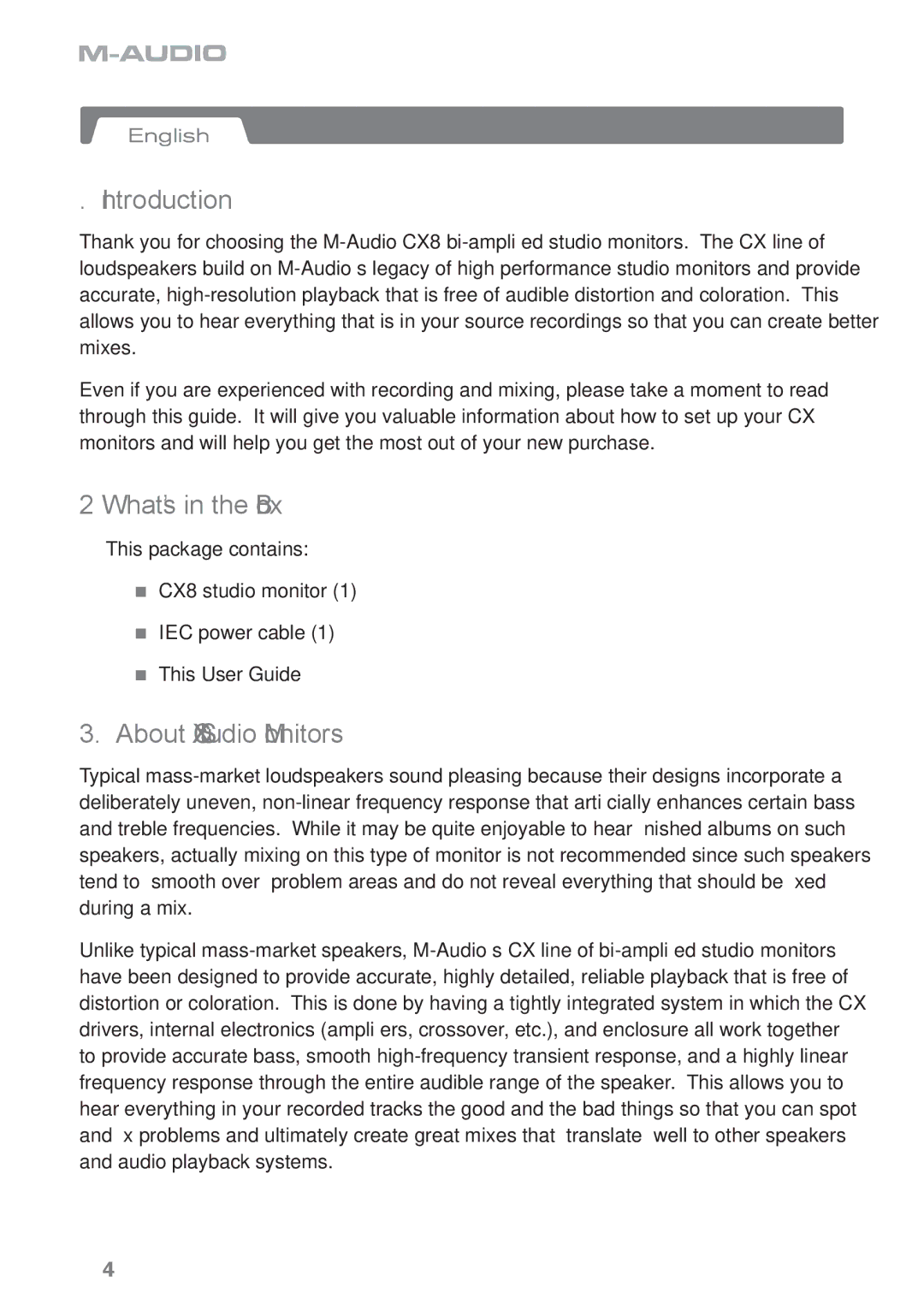 M-Audio CX8 manual Introduction, What’s in the Box?, About CX Studio Monitors 