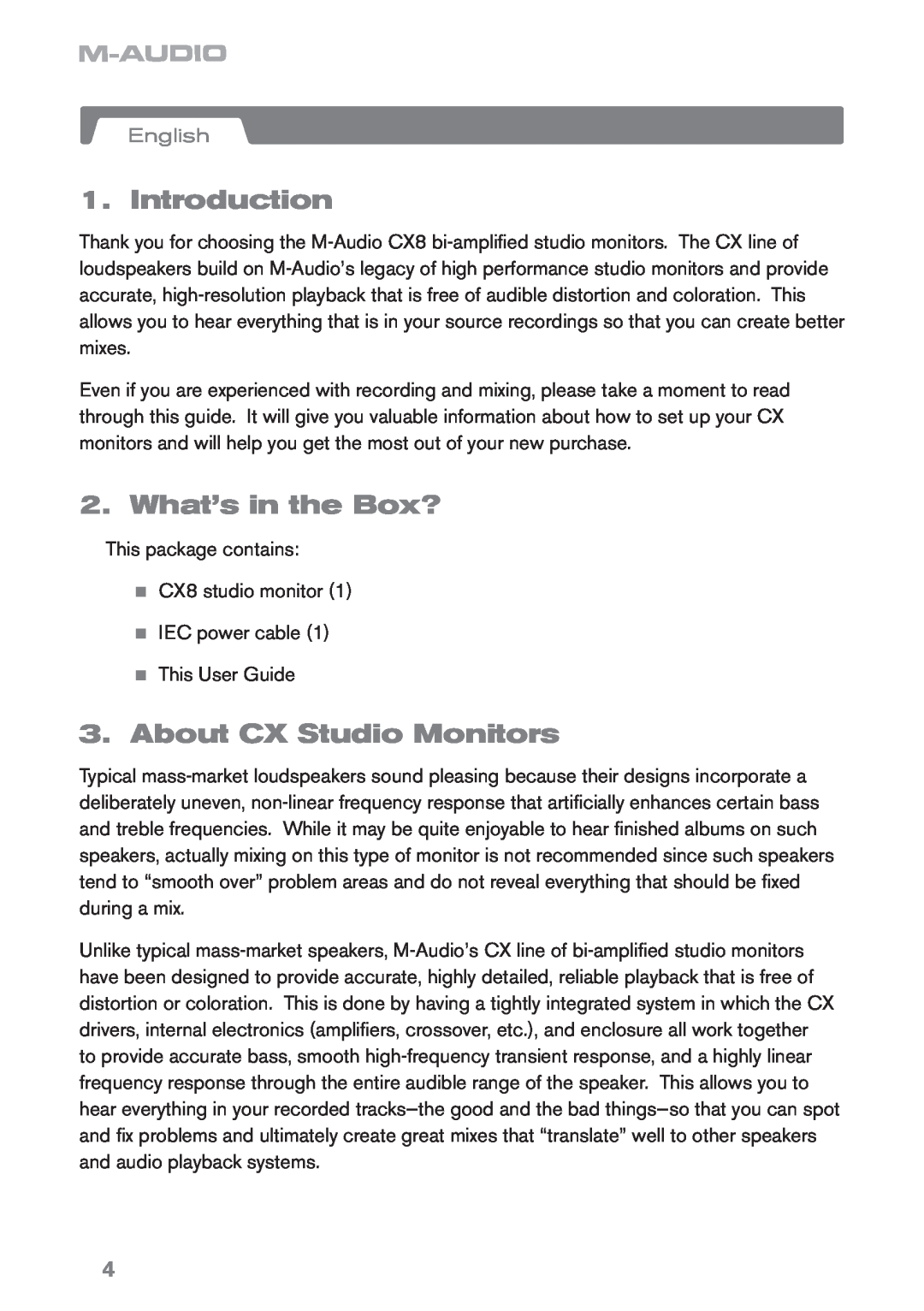 M-Audio CX8 manual Introduction, What’s in the Box?, About CX Studio Monitors, English 