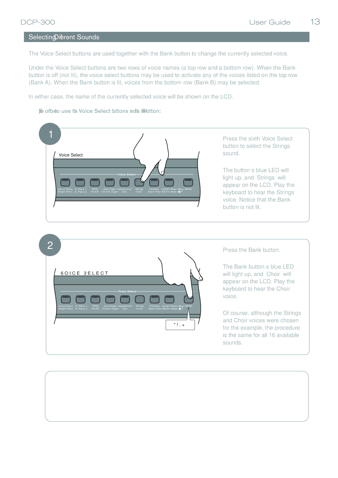 M-Audio DCP-300 manual Selecting Different Sounds, Press the Bank button 