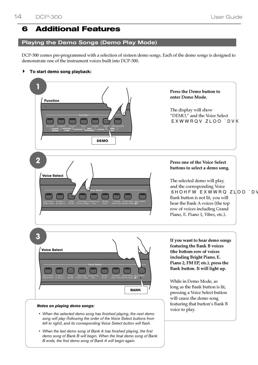 M-Audio DCP-300 manual Additional Features, Playing the Demo Songs Demo Play Mode, Press the Demo button to enter Demo Mode 