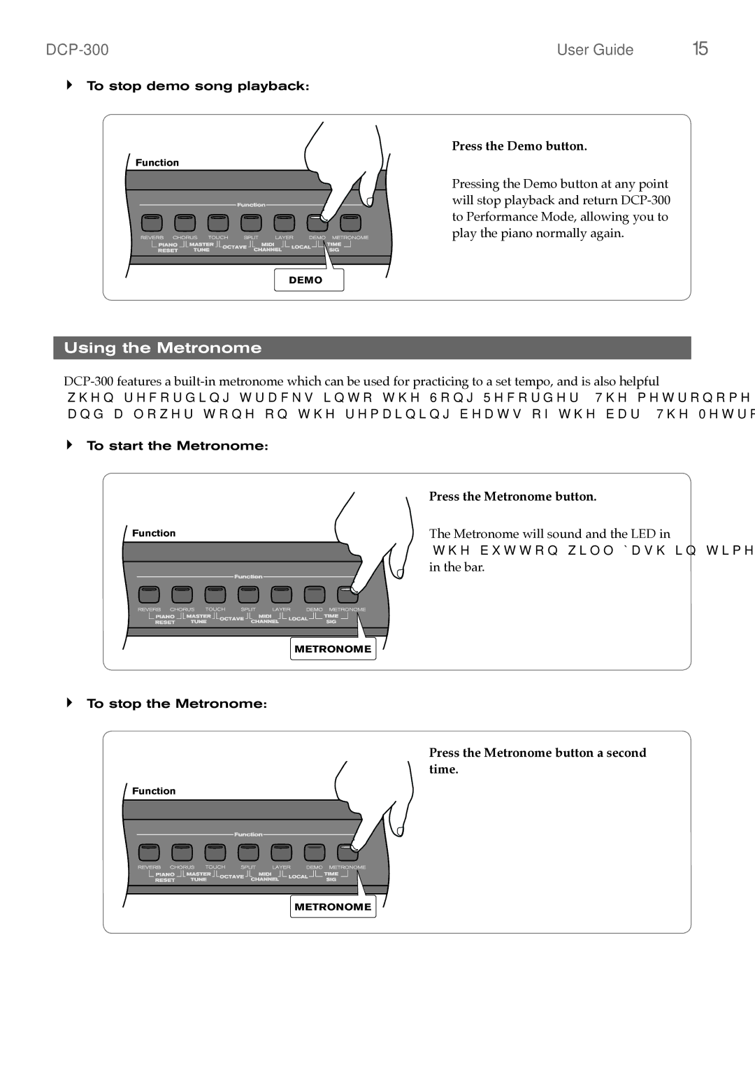 M-Audio DCP-300 Using the Metronome, Press the Demo button, Press the Metronome button, Metronome will sound and the LED 