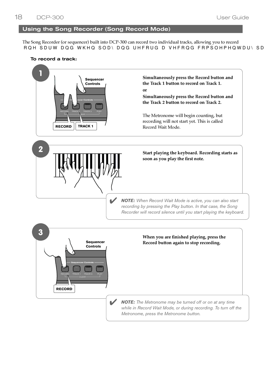 M-Audio DCP-300 manual Using the Song Recorder Song Record Mode, Start playing the keyboard. Recording starts as 