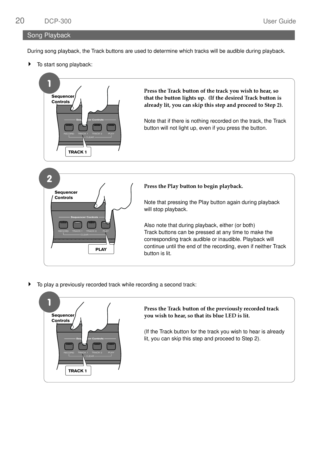 M-Audio DCP-300 manual Song Playback, Press the Play button to begin playback 