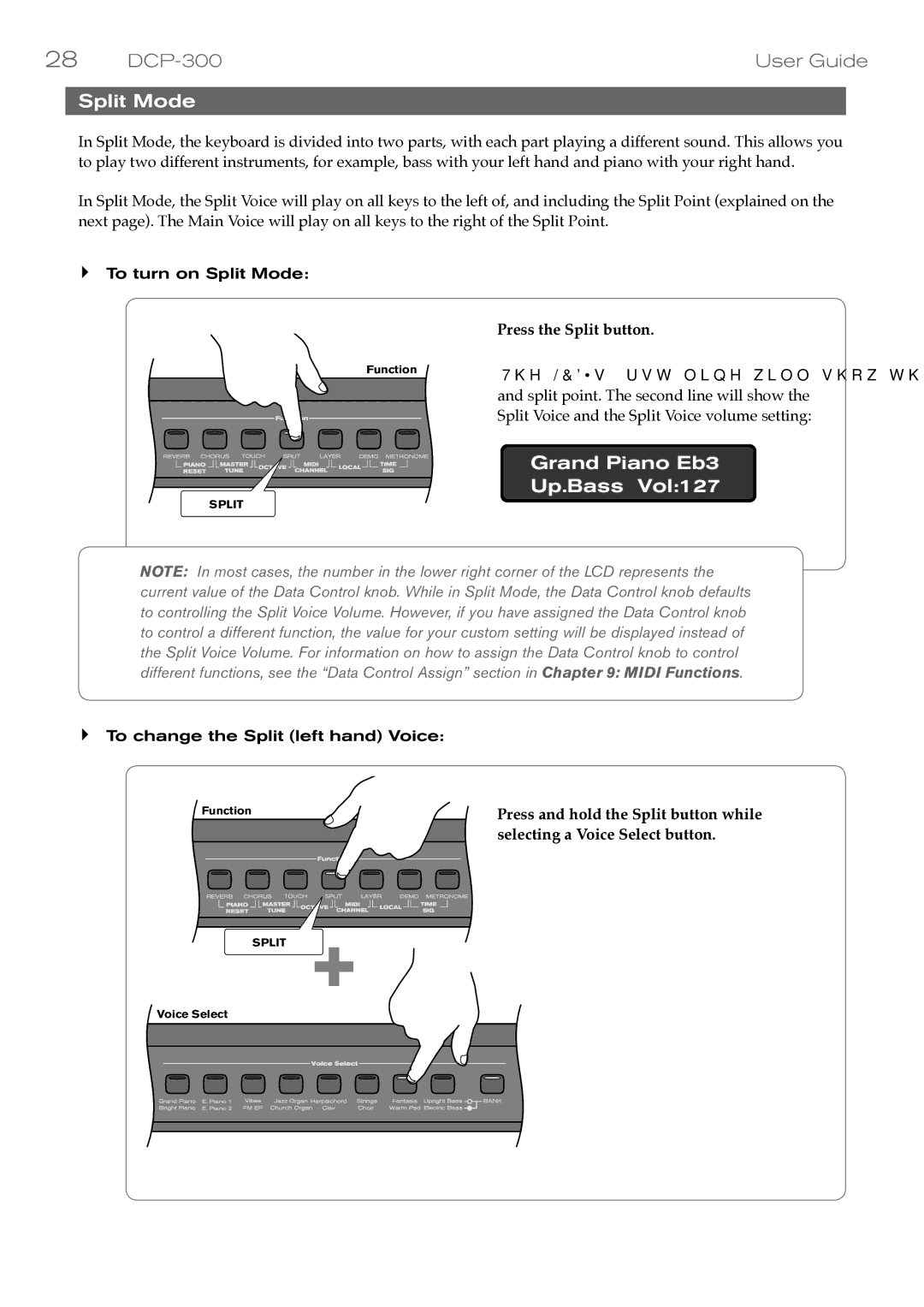 M-Audio DCP-300 manual Split Mode, Grand Piano Eb3, Up.Bass Vol127, Press the Split button 