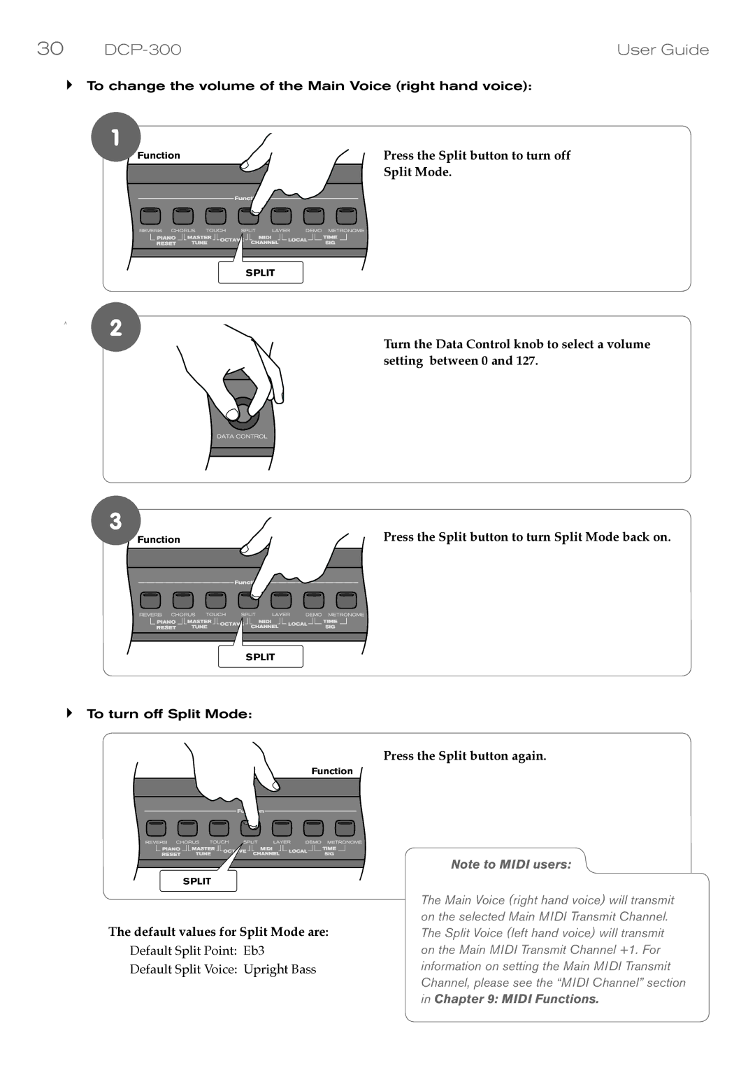 M-Audio DCP-300 Press the Split button to turn off, Default values for Split Mode are, Press the Split button again 