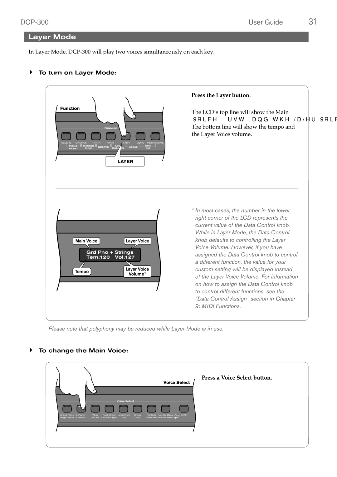 M-Audio DCP-300 manual Layer Mode, Press the Layer button, Press a Voice Select button 