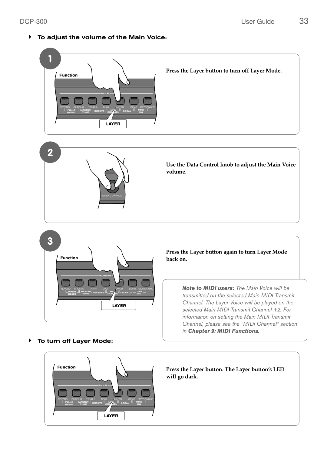 M-Audio DCP-300 manual Press the Layer button to turn off Layer Mode 