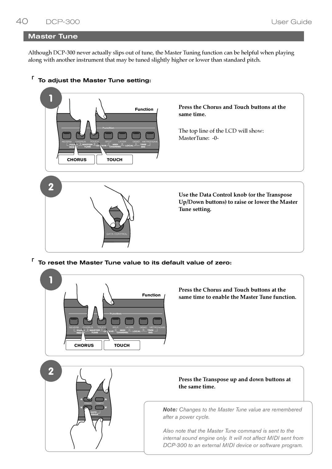 M-Audio DCP-300 manual Master Tune, Press the Chorus and Touch buttons at the same time 