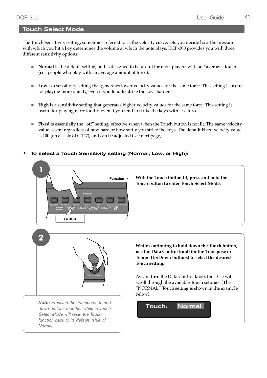 M-Audio DCP-300 manual Touch Select Mode, Touch Normal, With the Touch button lit, press and hold 