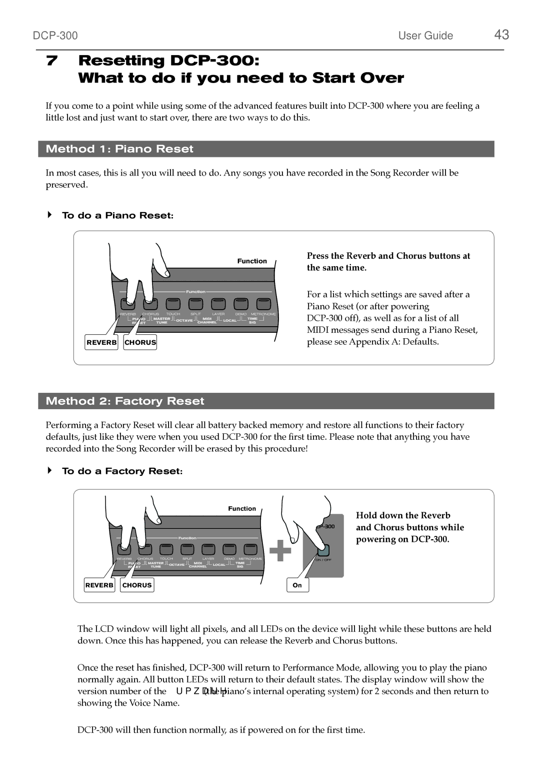 M-Audio manual Resetting DCP-300 What to do if you need to Start Over, Method 1 Piano Reset, Method 2 Factory Reset 