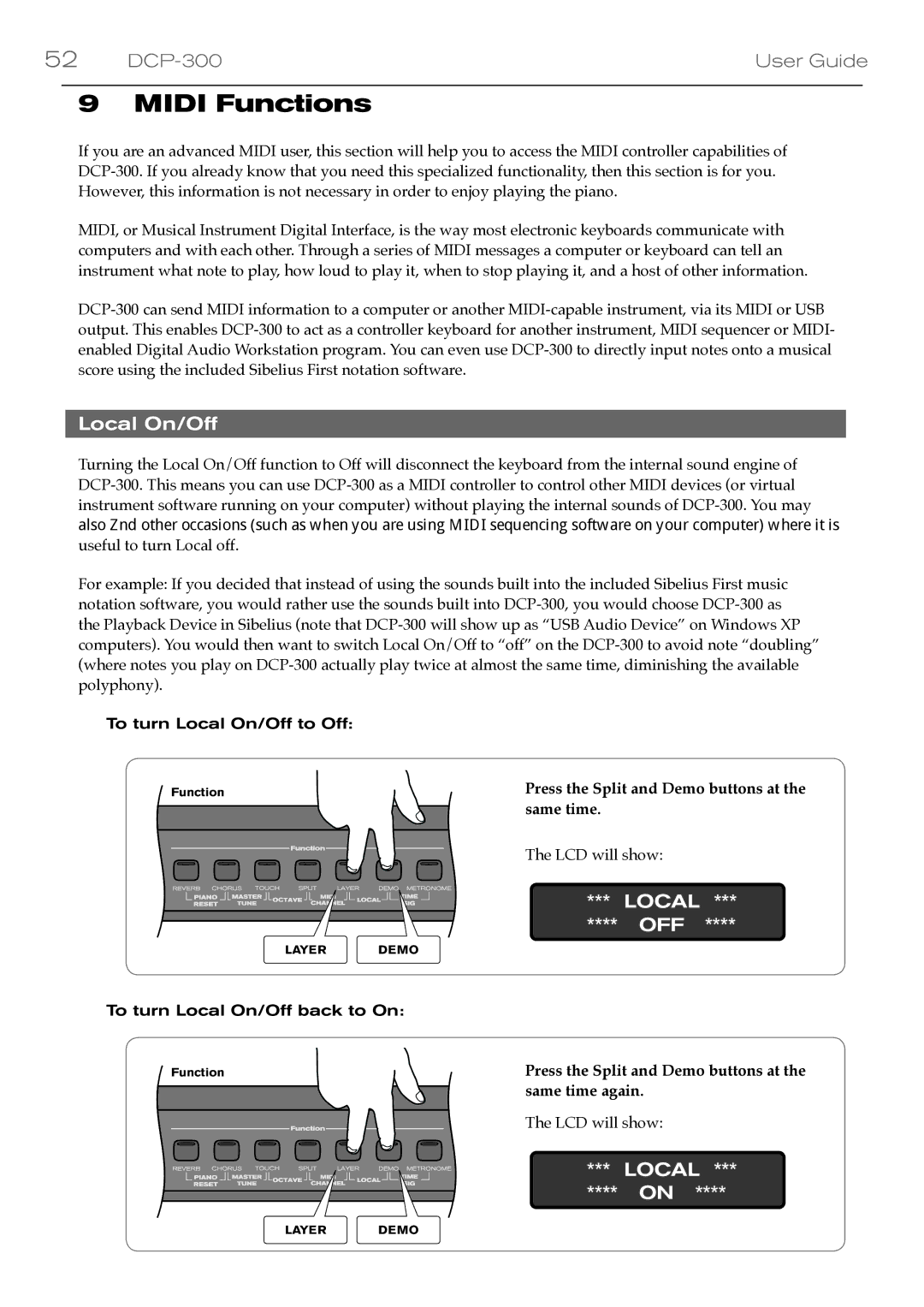 M-Audio DCP-300 manual Midi Functions, Local On/Off, Local OFF 