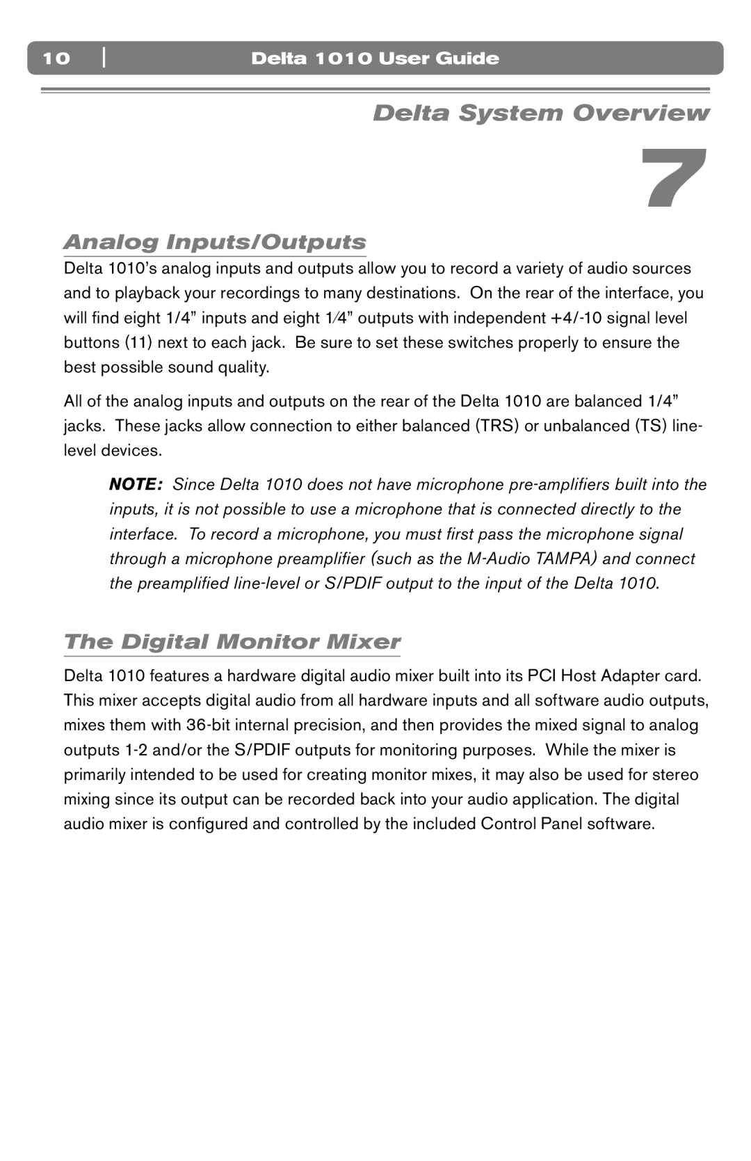 M-Audio DELTA 1010 manual Delta System Overview, Analog Inputs/Outputs, Digital Monitor Mixer 