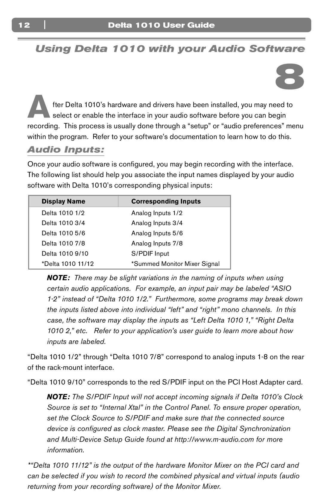 M-Audio DELTA 1010 manual Using Delta 1010 with your Audio Software, Audio Inputs 