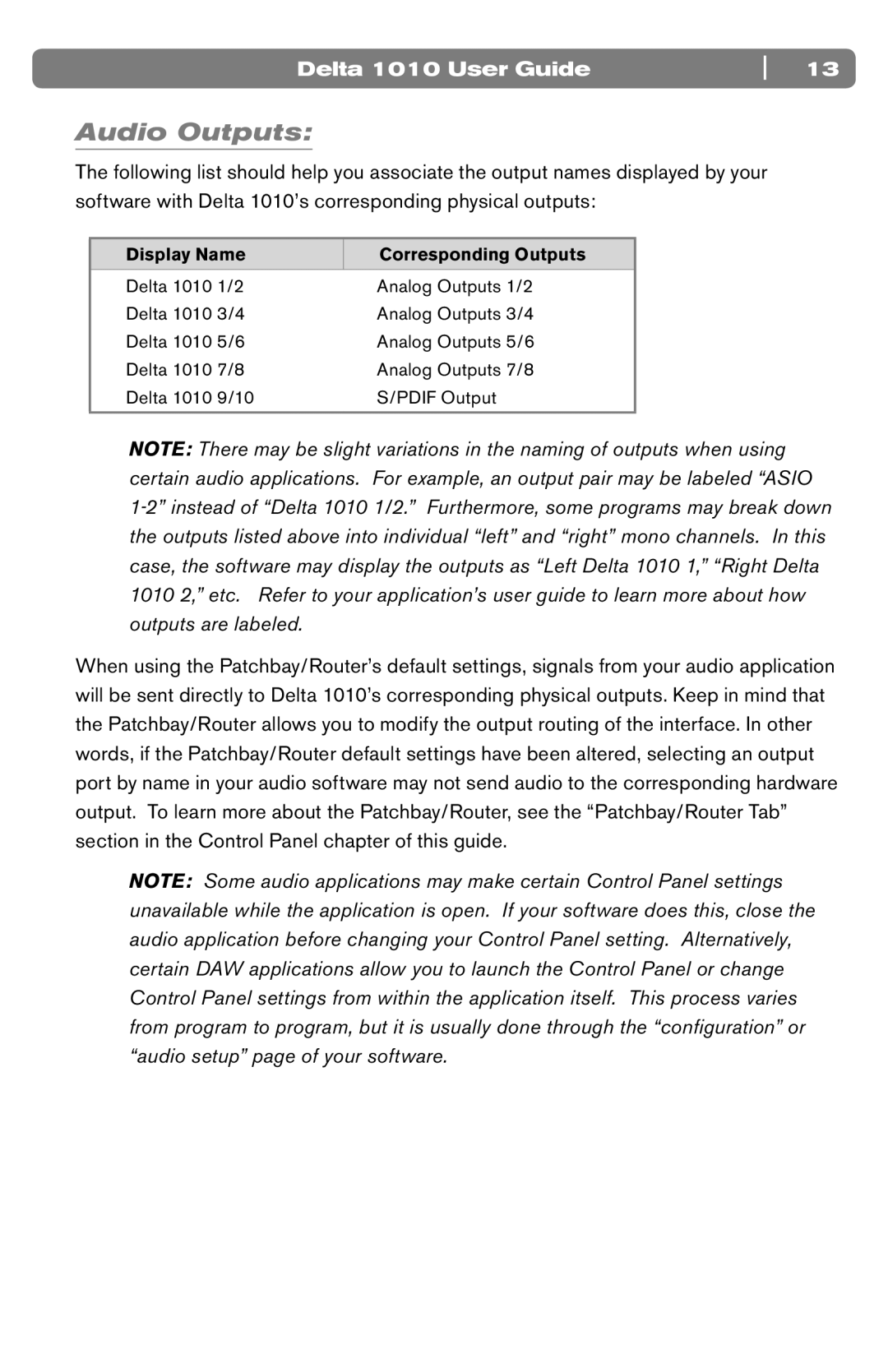 M-Audio DELTA 1010 manual Audio Outputs, Display Name Corresponding Outputs 