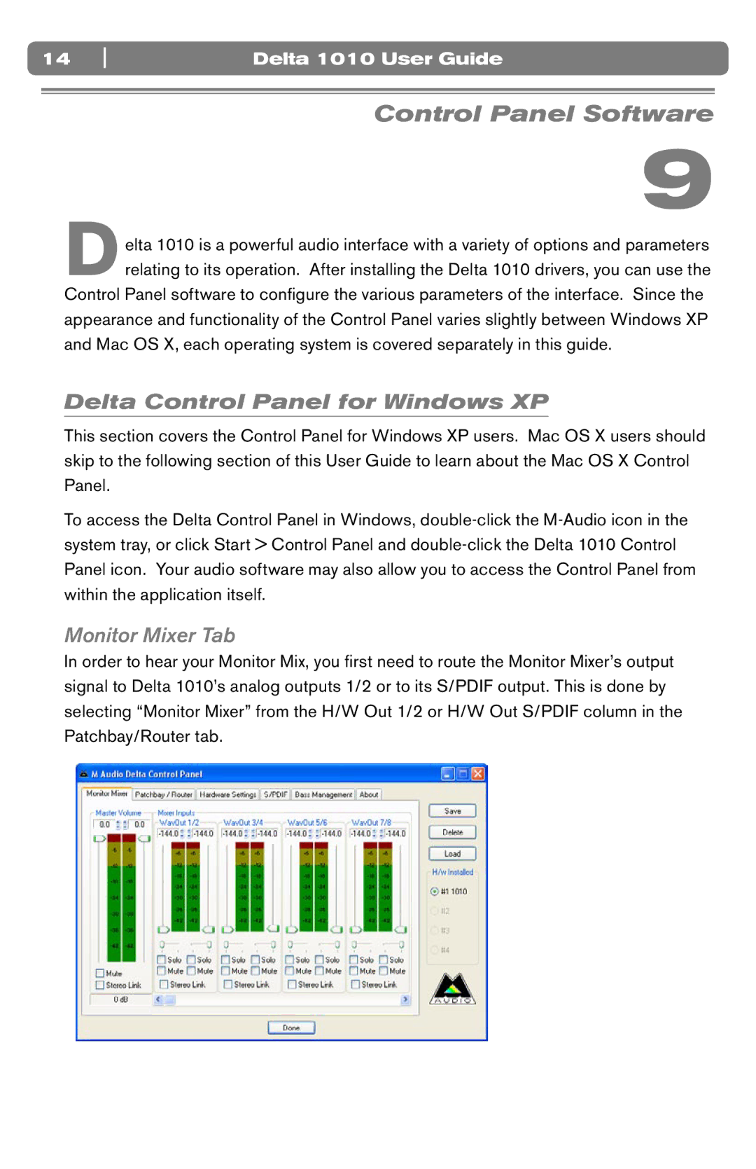 M-Audio DELTA 1010 manual Control Panel Software, Delta Control Panel for Windows XP, Monitor Mixer Tab 