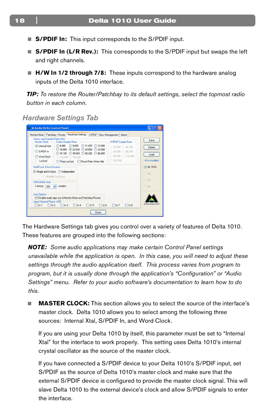 M-Audio DELTA 1010 manual Hardware Settings Tab 