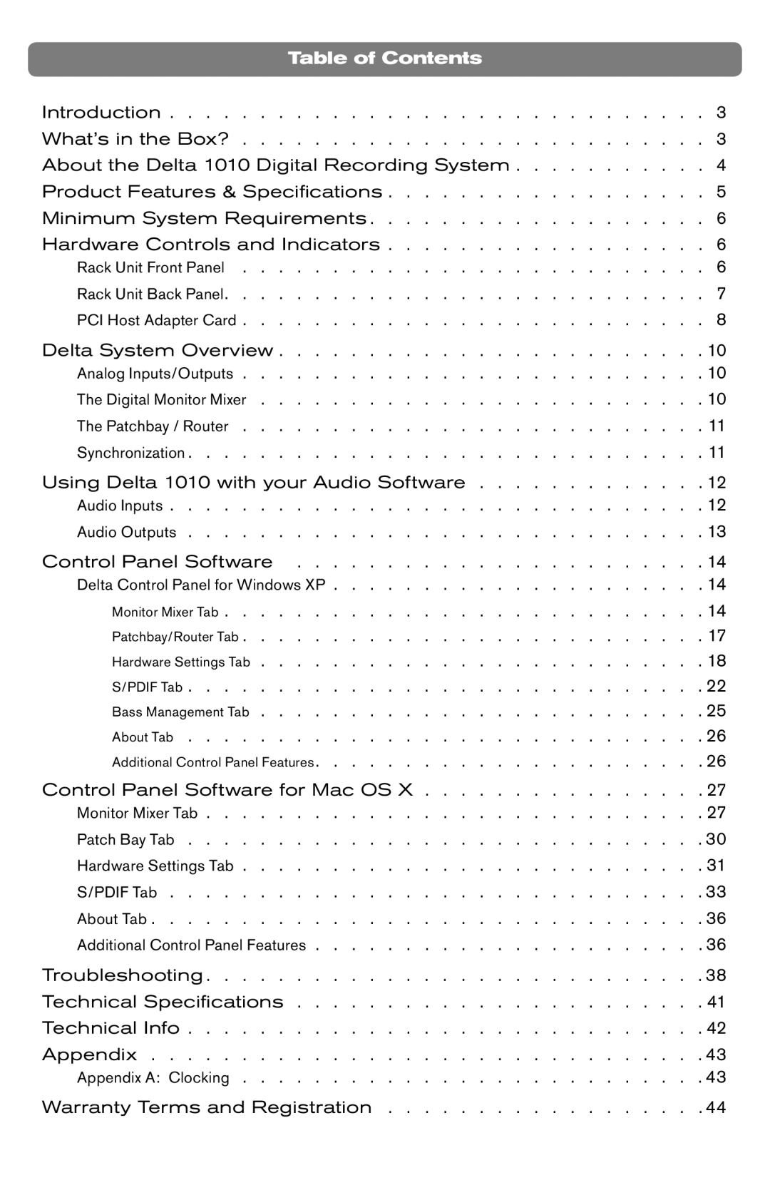 M-Audio DELTA 1010 manual Table of Contents 