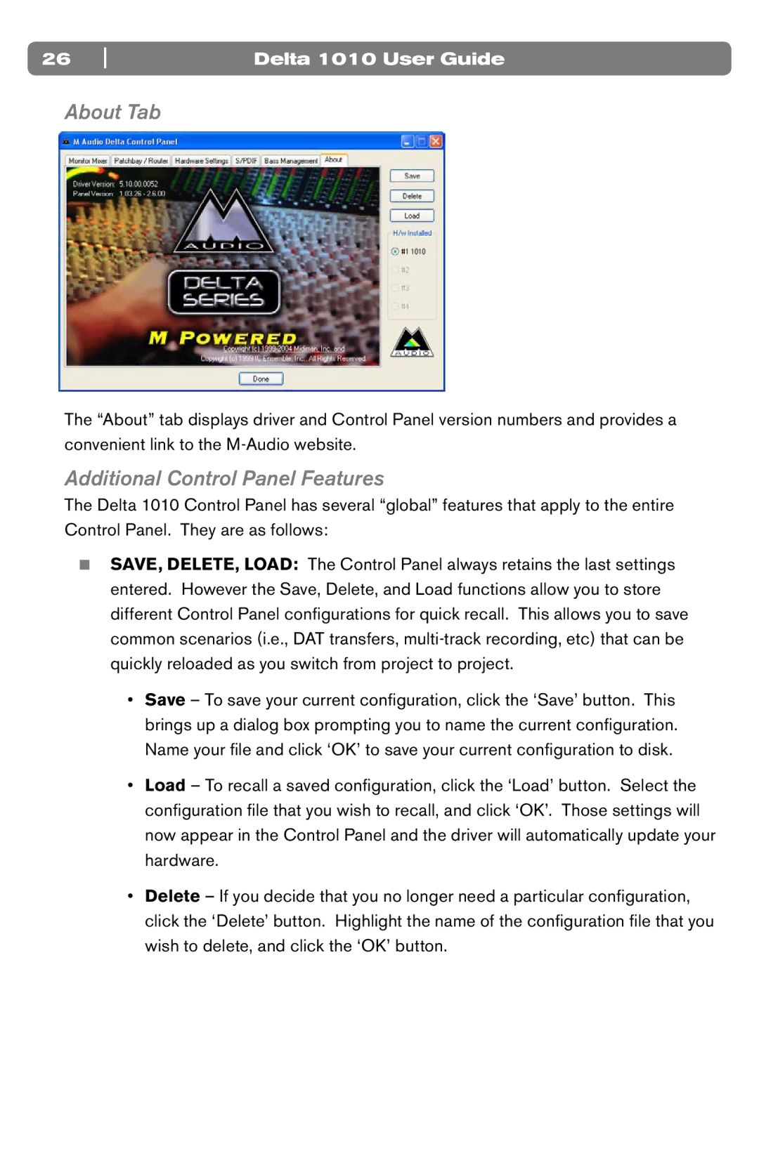 M-Audio DELTA 1010 manual About Tab, Additional Control Panel Features 