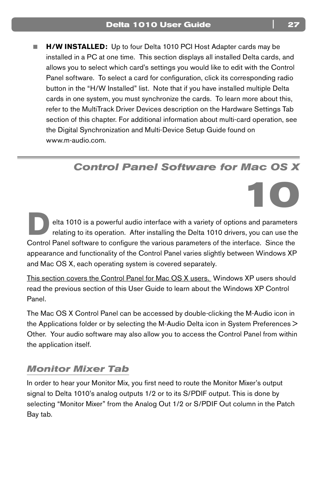 M-Audio DELTA 1010 manual Control Panel Software for Mac OS, Monitor Mixer Tab 