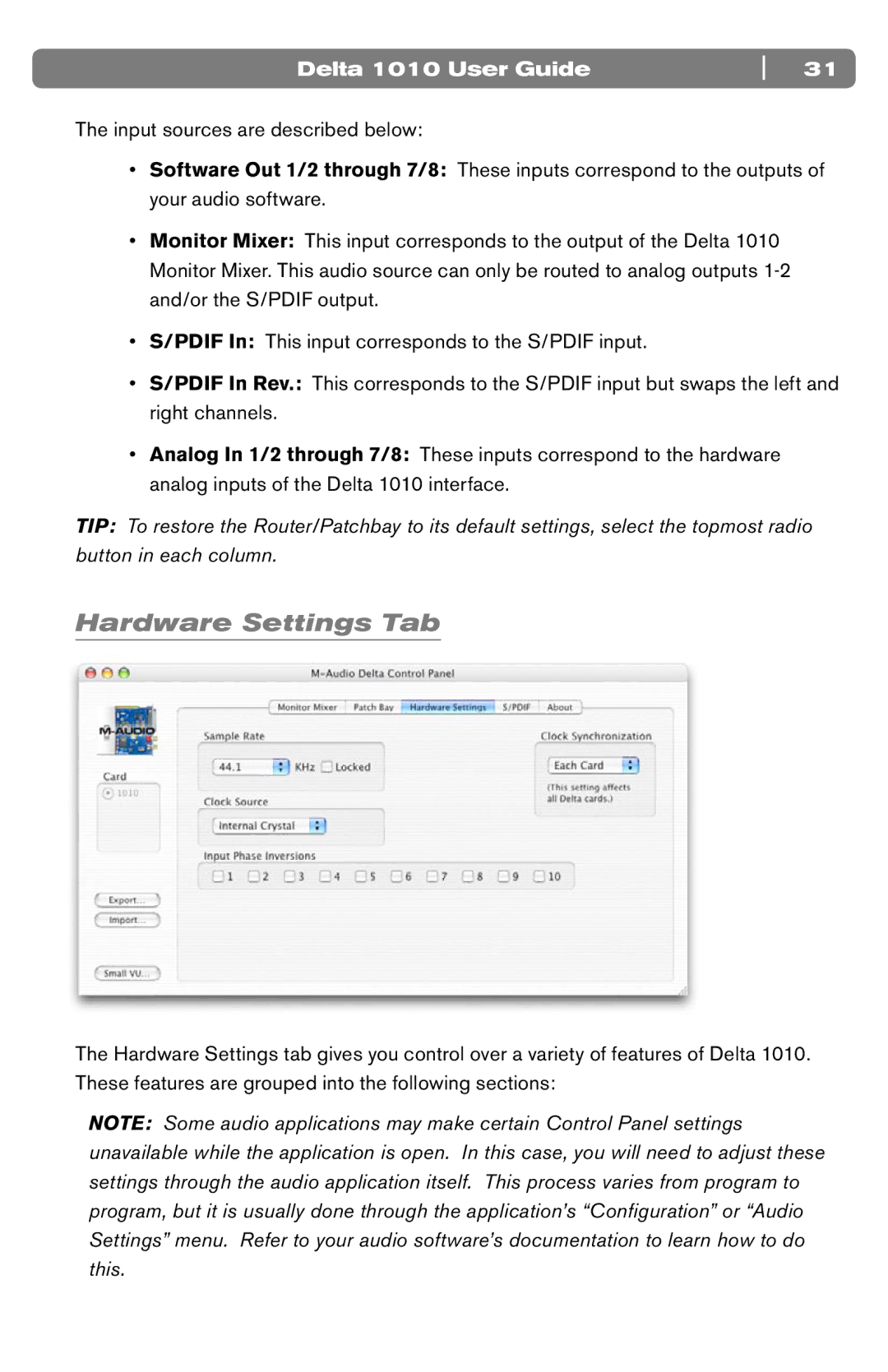 M-Audio DELTA 1010 manual Hardware Settings Tab 