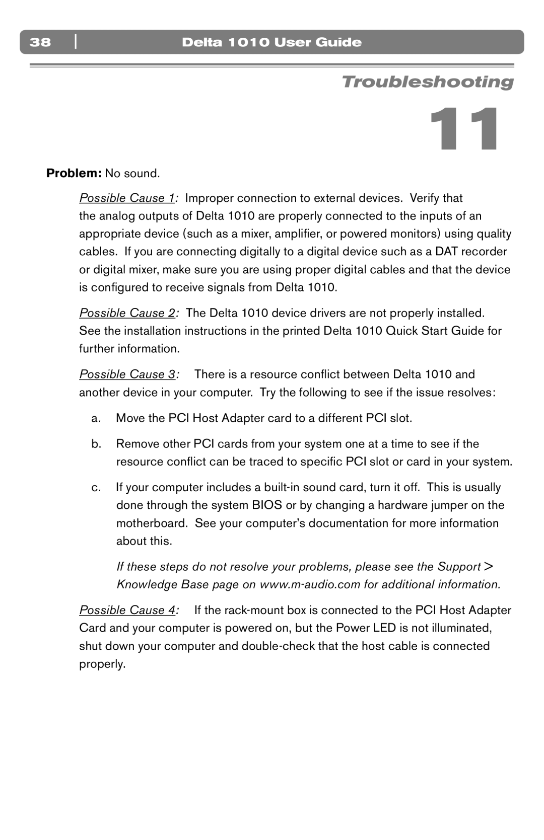 M-Audio DELTA 1010 manual Troubleshooting, Problem No sound 