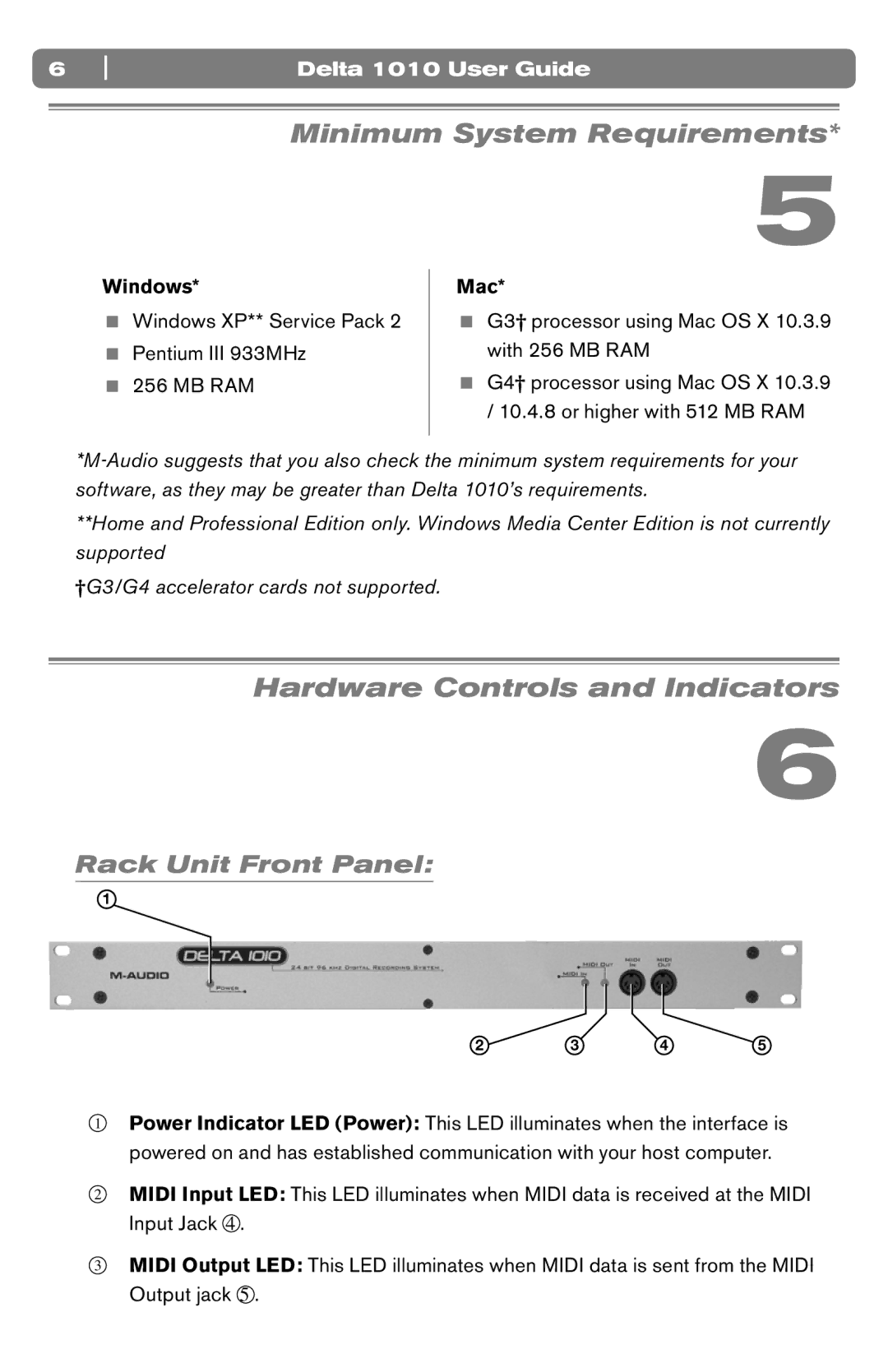 M-Audio DELTA 1010 manual Minimum System Requirements, Hardware Controls and Indicators, Rack Unit Front Panel 