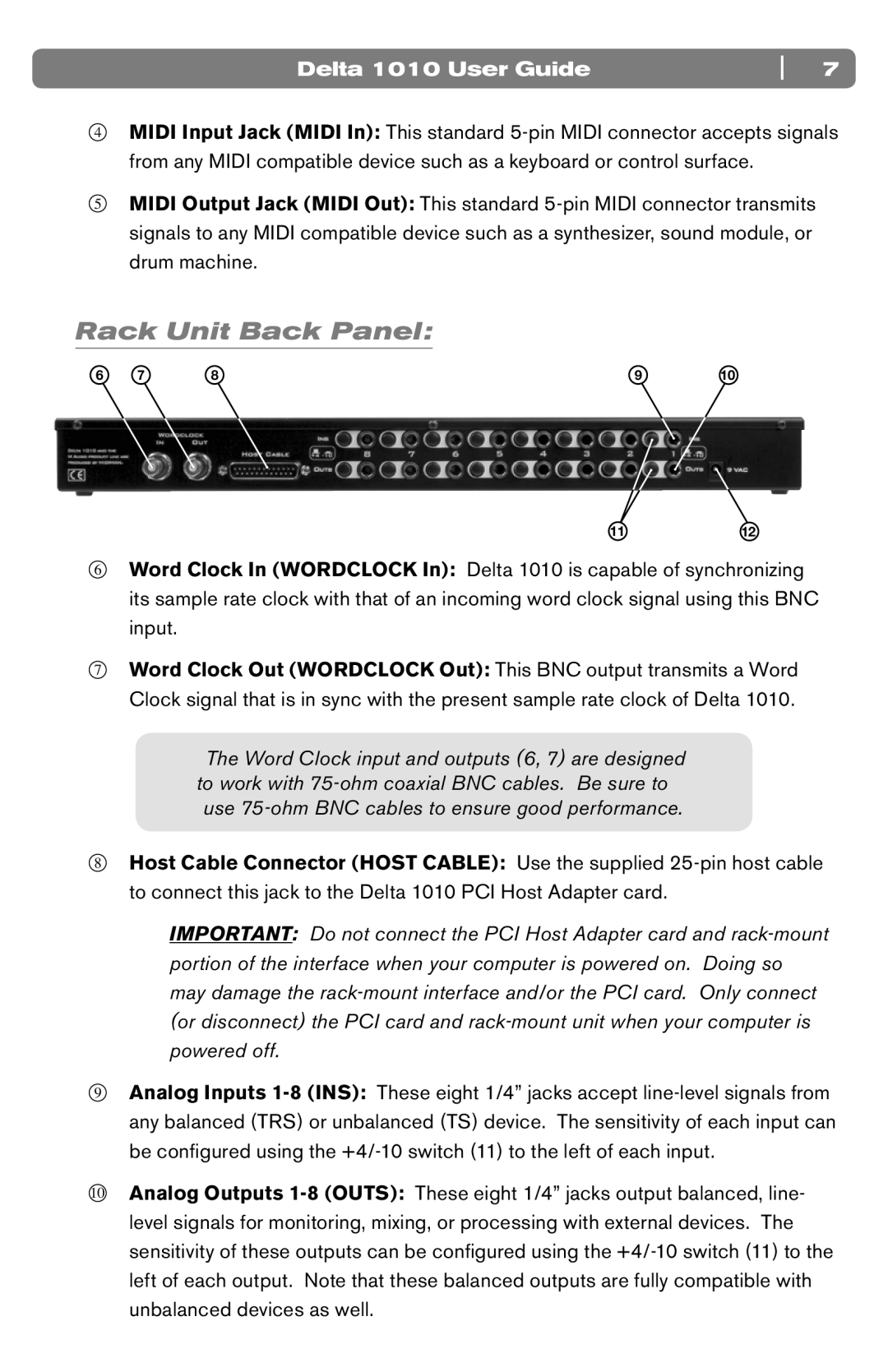 M-Audio DELTA 1010 manual Rack Unit Back Panel 