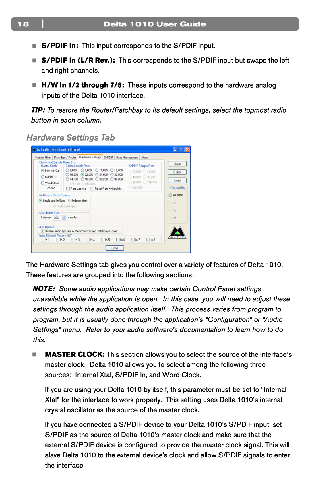 M-Audio DELTA 1010 manual Hardware Settings Tab, Delta 1010 User Guide 