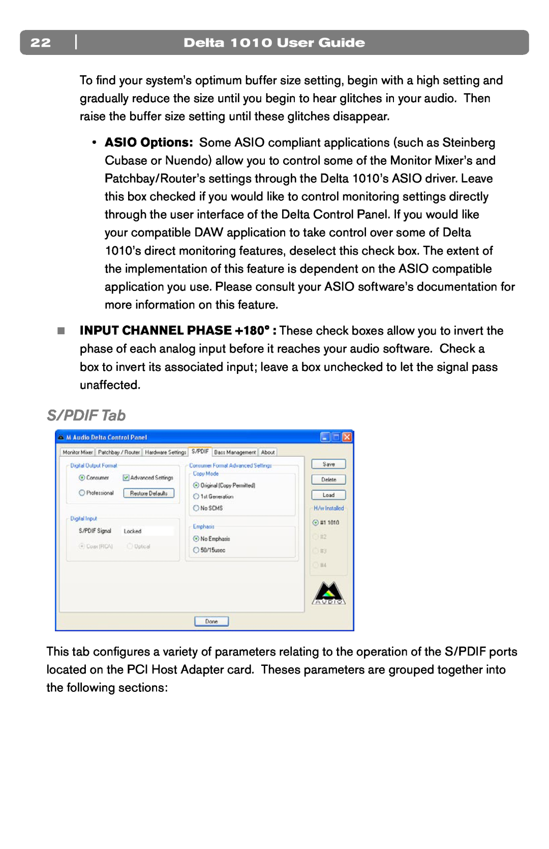 M-Audio DELTA 1010 manual S/PDIF Tab, Delta 1010 User Guide 