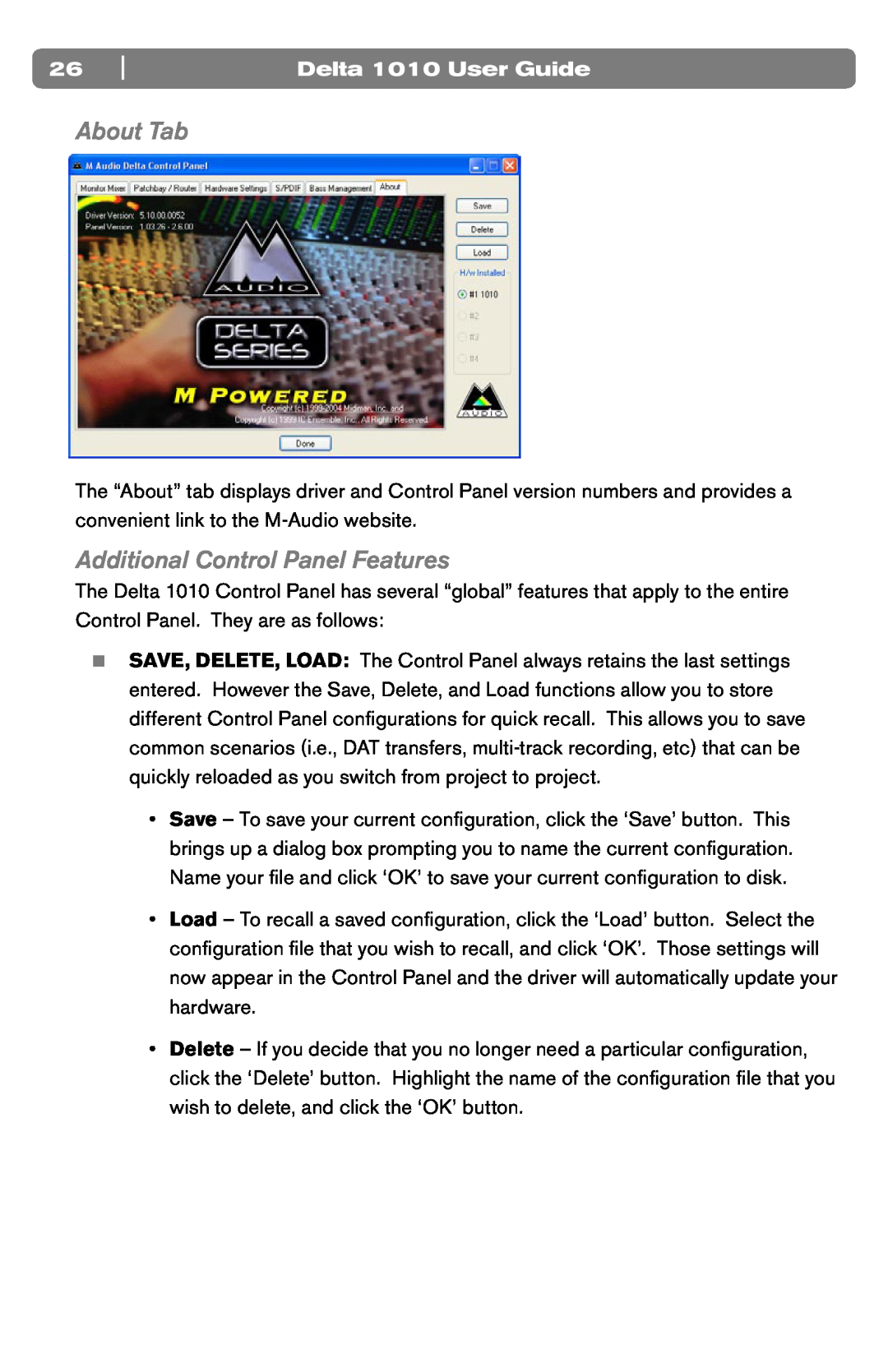 M-Audio DELTA 1010 manual About Tab, Additional Control Panel Features, Delta 1010 User Guide 