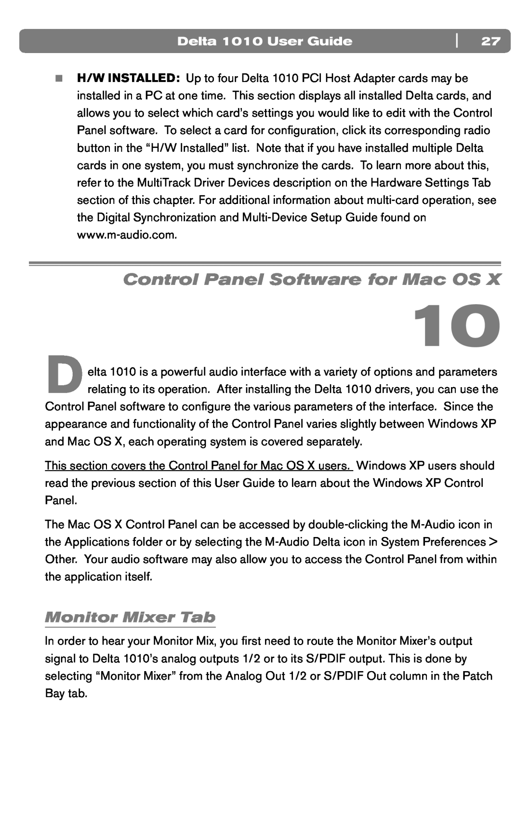 M-Audio DELTA 1010 manual Control Panel Software for Mac OS, Monitor Mixer Tab, Delta 1010 User Guide 