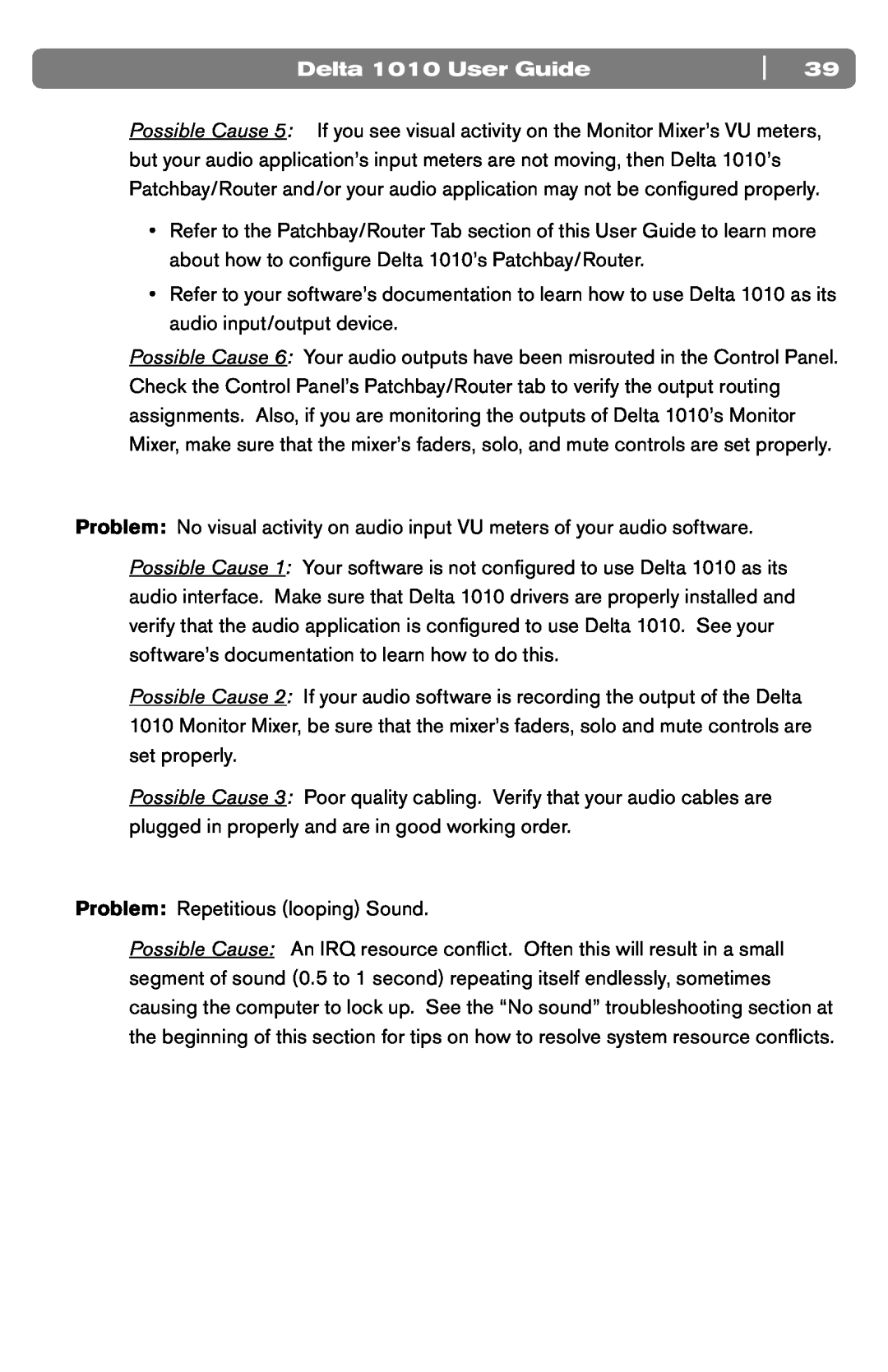 M-Audio DELTA 1010 manual Delta 1010 User Guide, Problem Repetitious looping Sound 