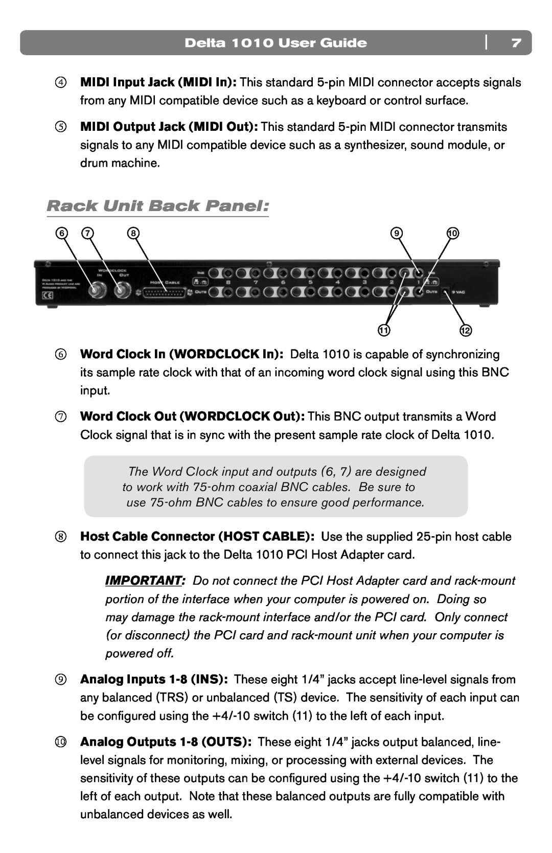 M-Audio DELTA 1010 manual Rack Unit Back Panel, Delta 1010 User Guide 