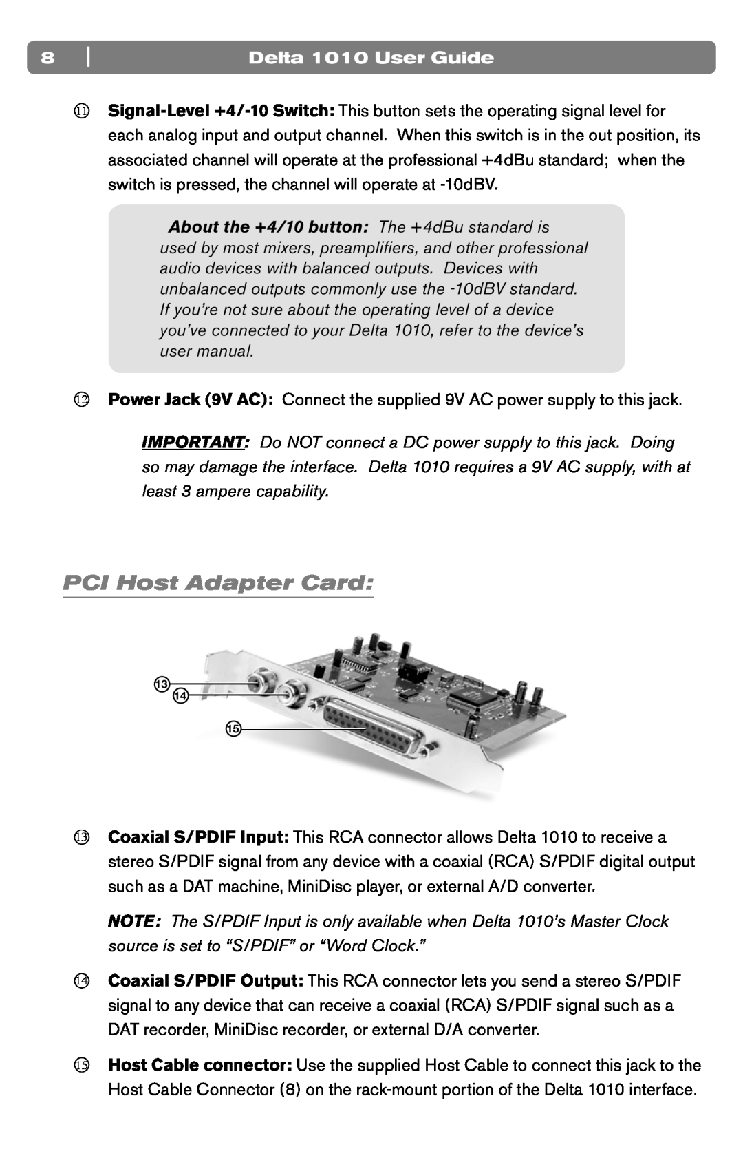 M-Audio DELTA 1010 manual PCI Host Adapter Card, Delta 1010 User Guide 