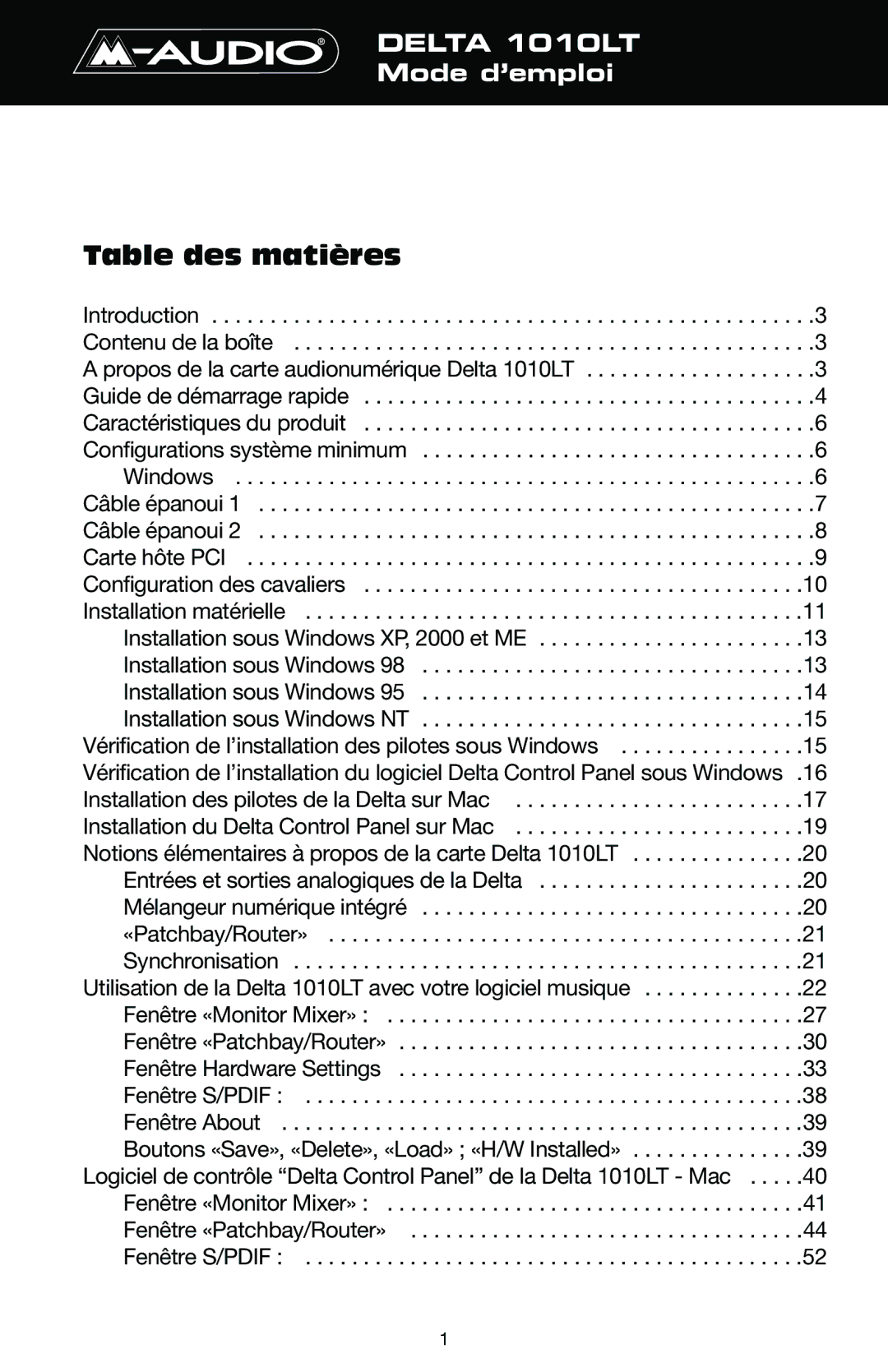 M-Audio DELTA 1010LT manual Table des matières 