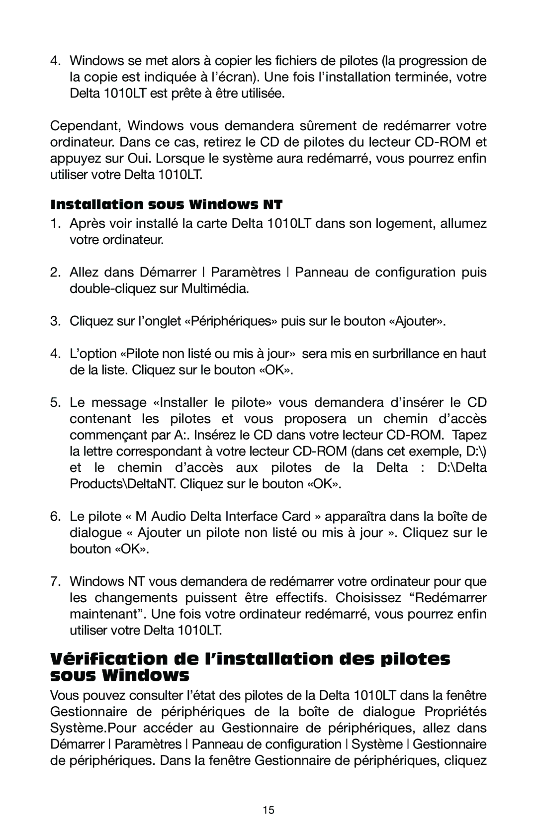 M-Audio DELTA 1010LT manual Vérification de l’installation des pilotes sous Windows, Installation sous Windows NT 