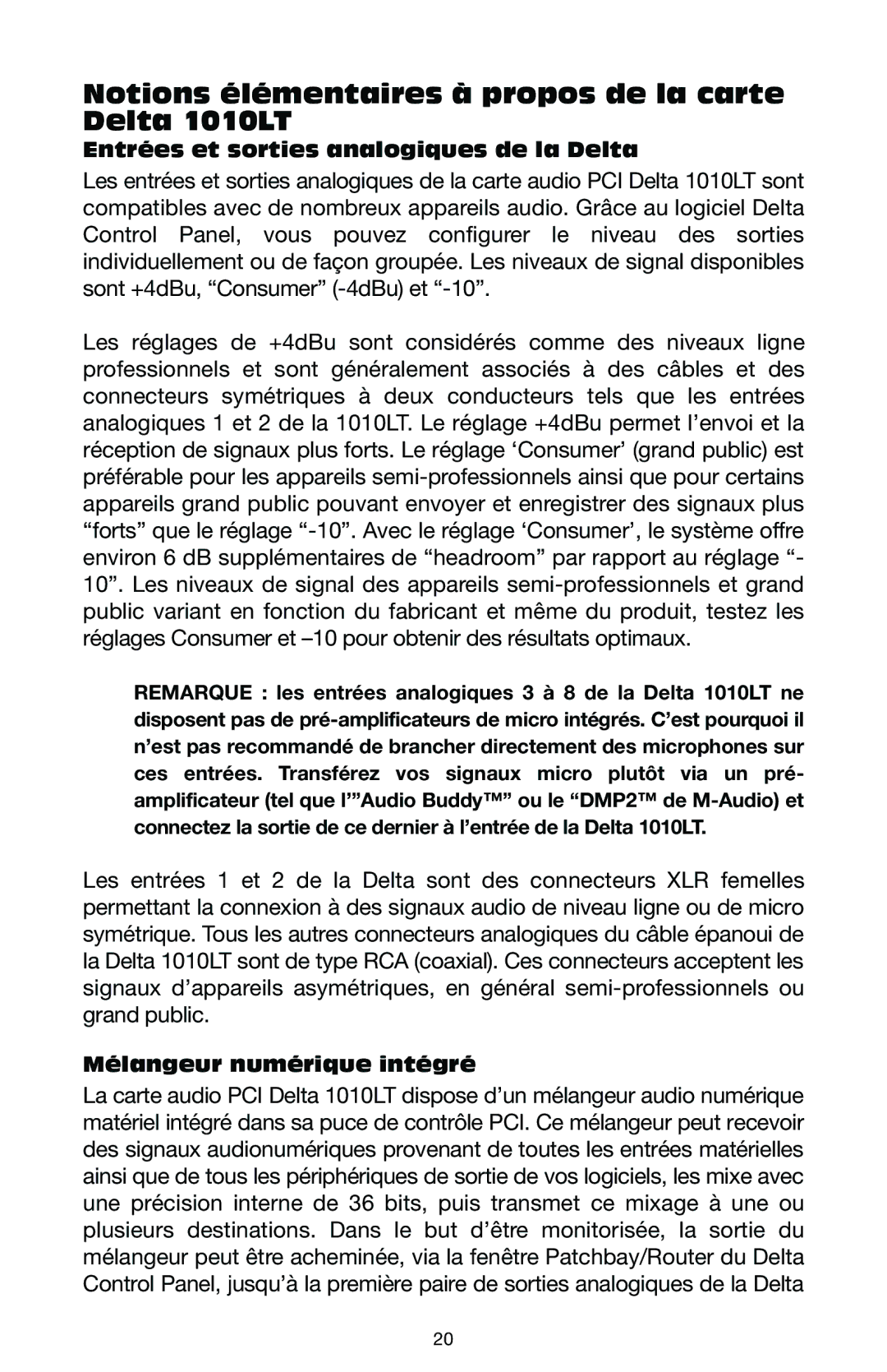 M-Audio DELTA 1010LT Notions élémentaires à propos de la carte Delta 1010LT, Entrées et sorties analogiques de la Delta 